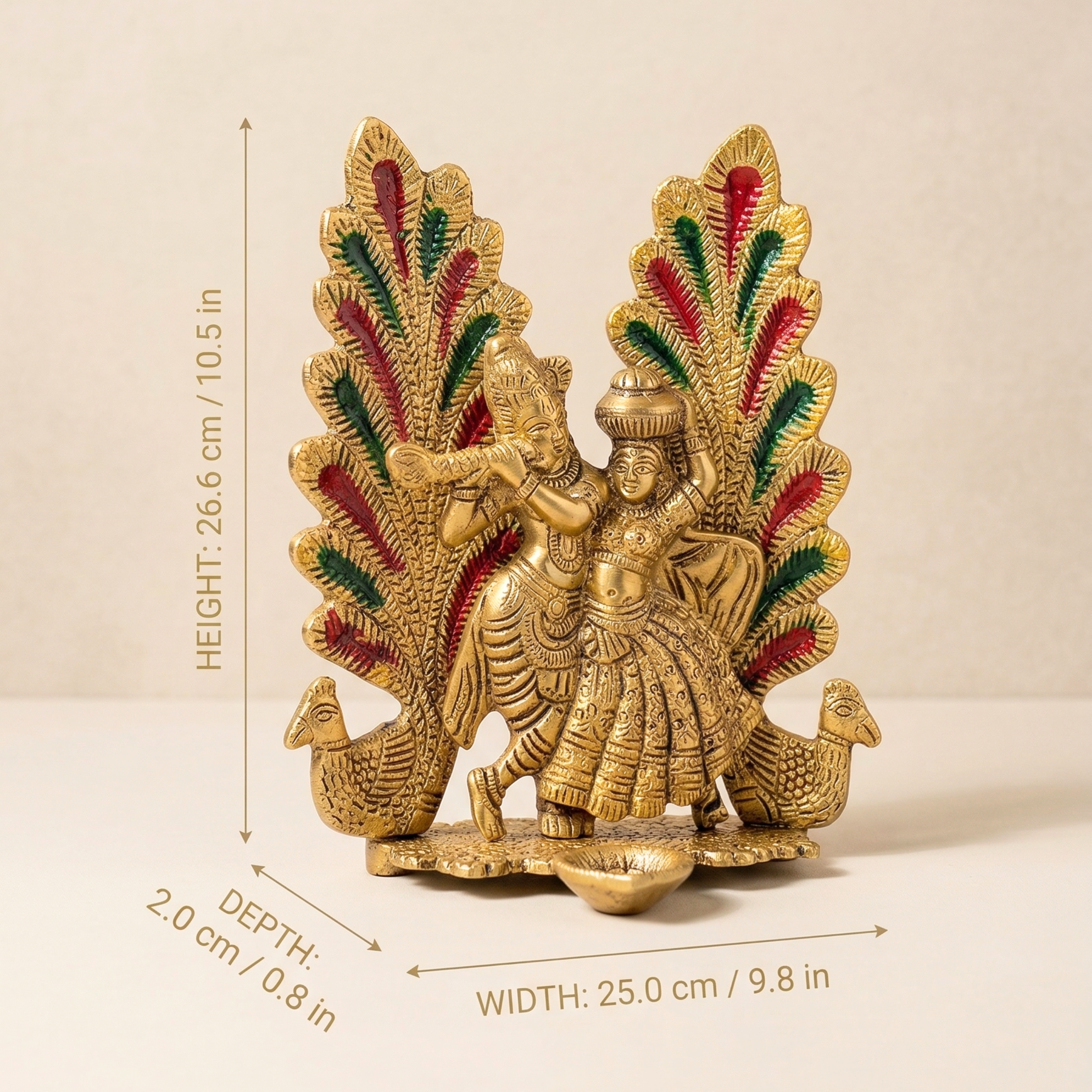 Gulabi Craft Handcrafted Mor Pankh Radha Krishna Idol with Diya – Antique Gold Metal Decor Premium Gift Item