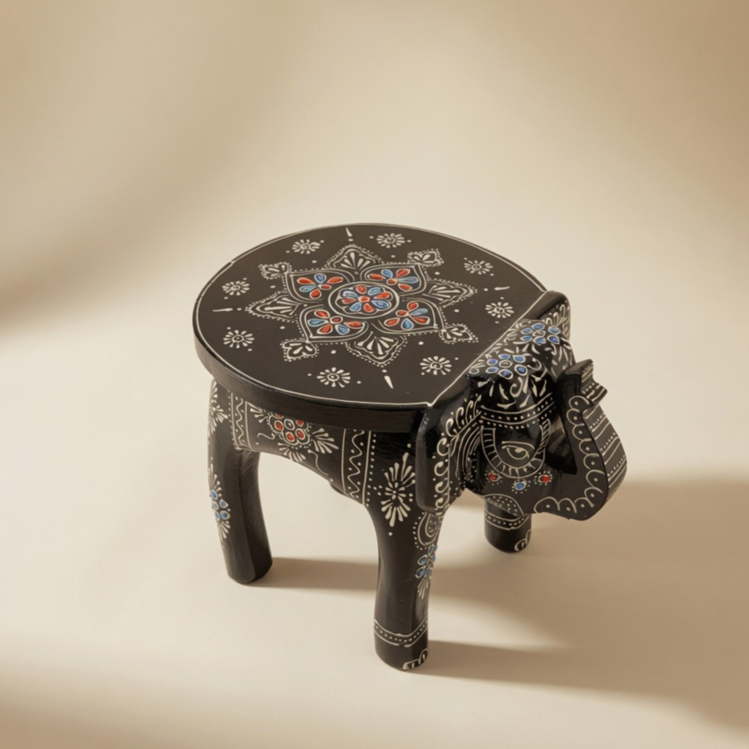 Gulabi Craft Handcrafted Wooden Elephant Stool (8-Inch) – Traditional Indian Painted Decorative Accent & Side Table