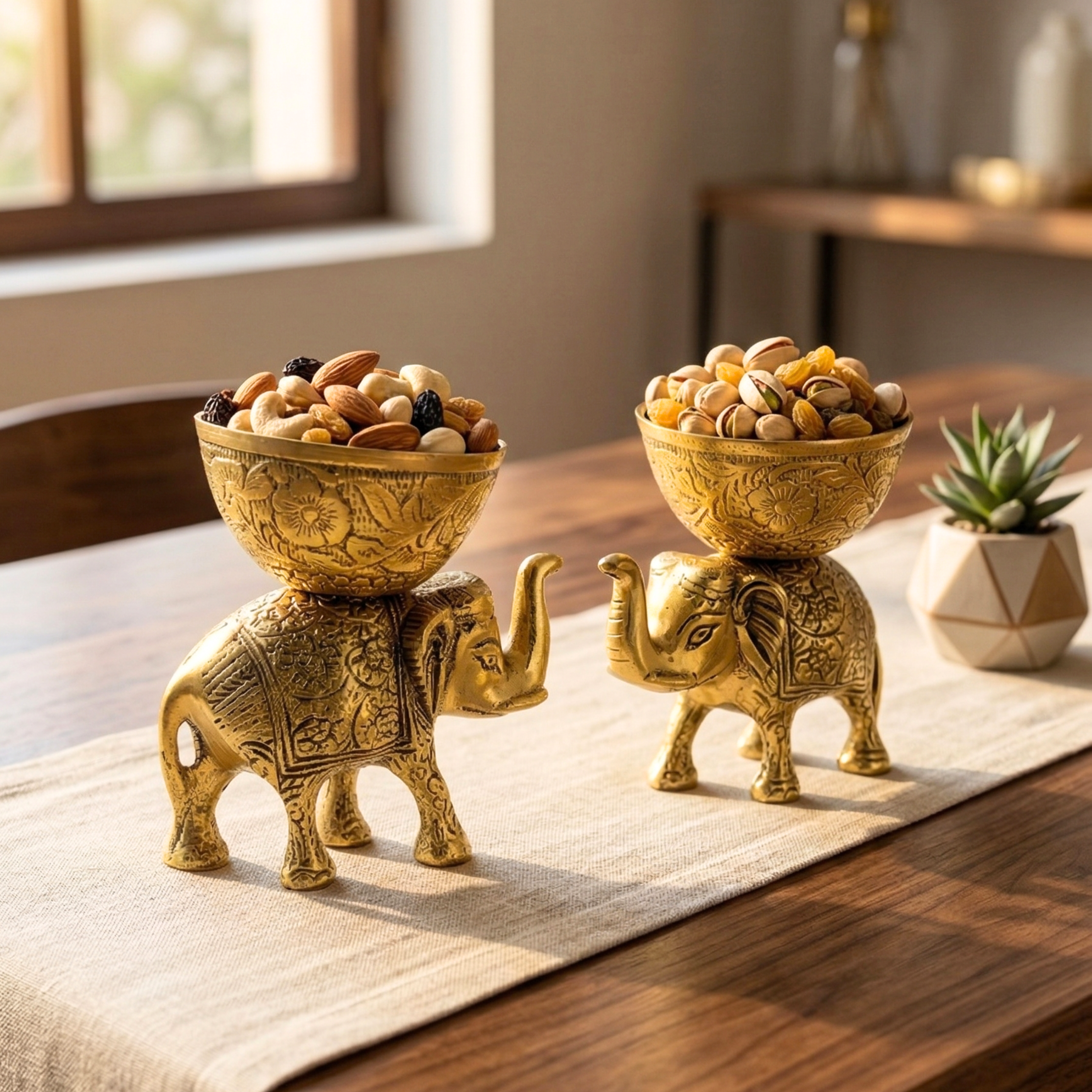 Gulabi Craft Handcrafted Golden Elephant Serving Bowl – Premium Metal Dry Fruit Holder & Royal Table Decor