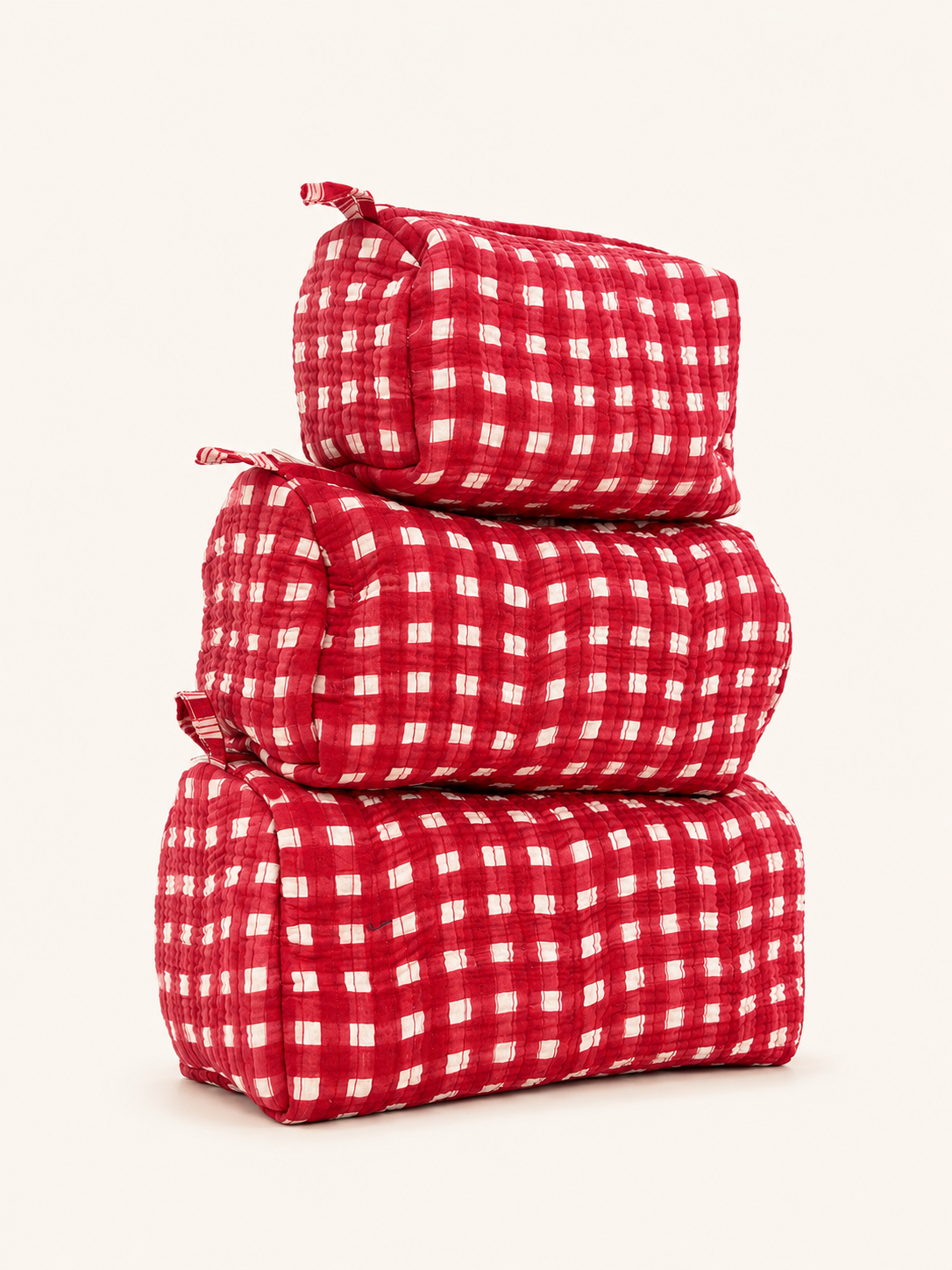 Saffron Leaf Tote Bag & Red Gingham Toiletry Pouch Gift Set | 4-Piece Quilted Cotton Travel Combo
