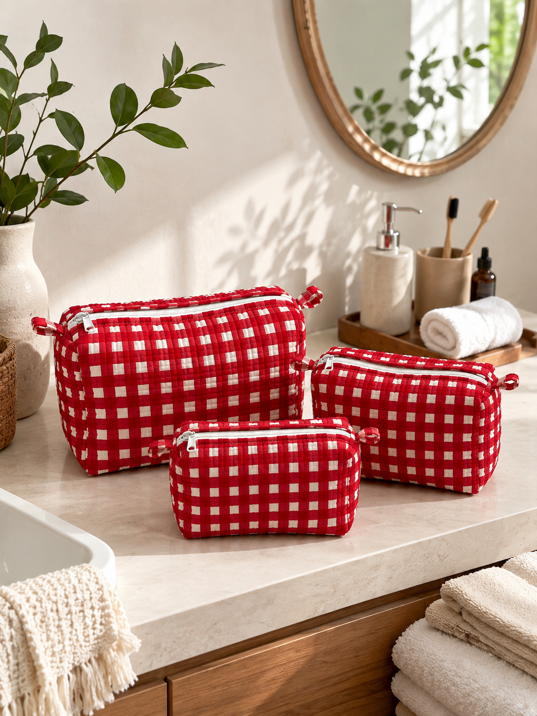Saffron Leaf Tote Bag & Red Gingham Toiletry Pouch Gift Set | 4-Piece Quilted Cotton Travel Combo