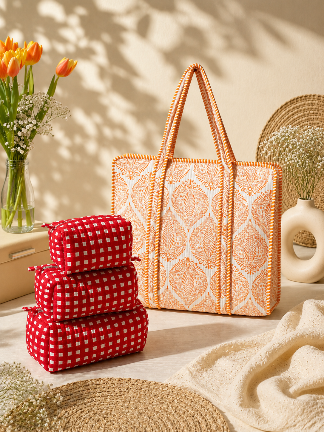 Saffron Leaf Tote Bag & Red Gingham Toiletry Pouch Gift Set | 4-Piece Quilted Cotton Travel Combo
