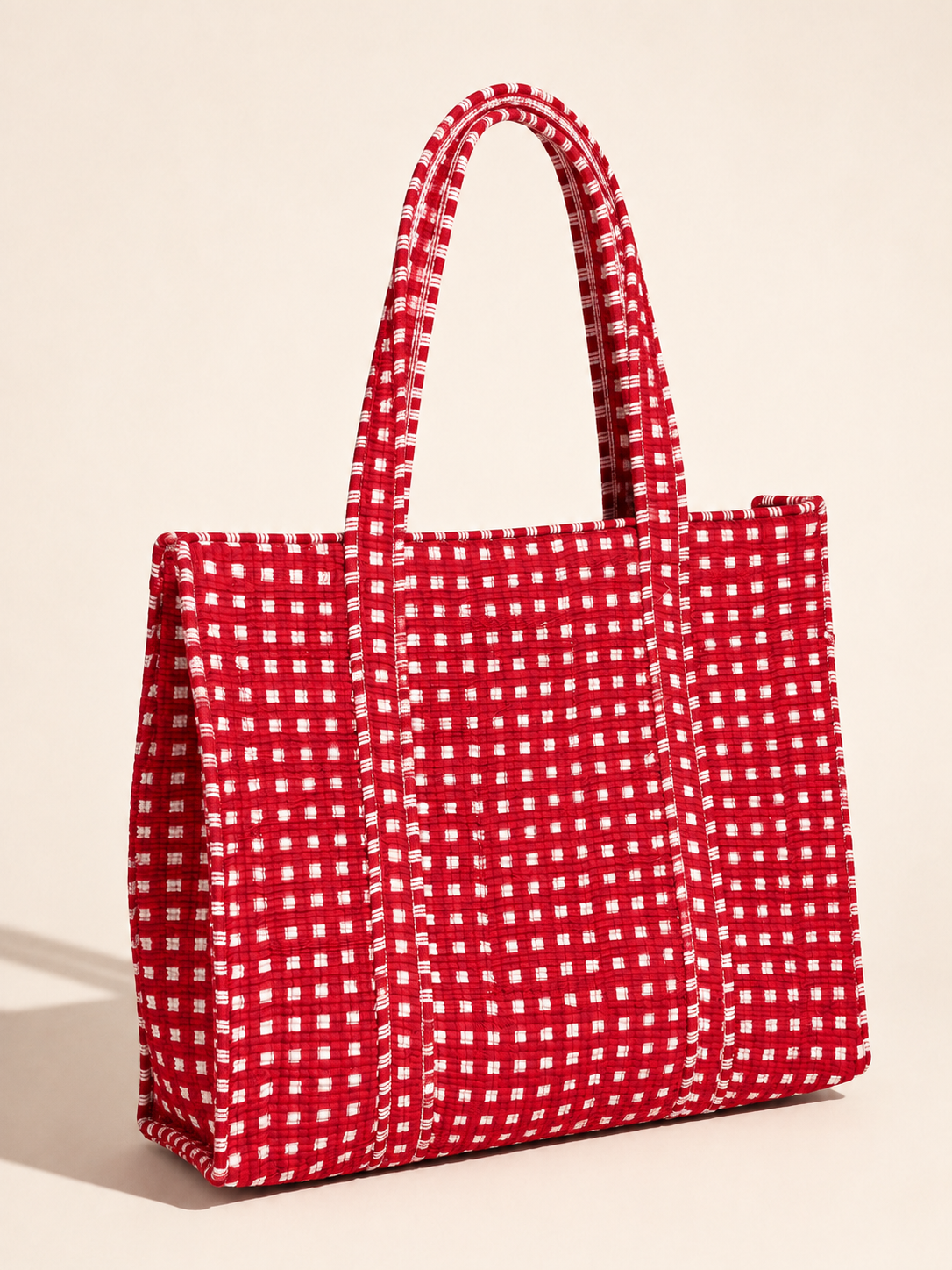 Crimson Red Gingham Handcrafted Quilted 60x60 Cotton Tote Bag & 3 Pouch Combo Set for Travel - Gulabi Craft 