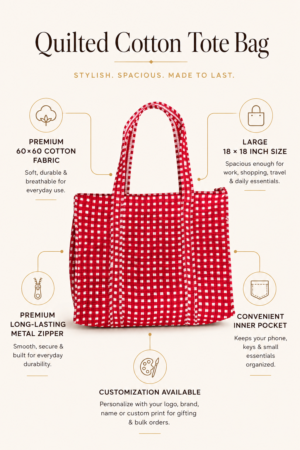 Crimson Red Gingham Handcrafted Quilted 60x60 Cotton Tote Bag & 3 Pouch Combo Set for Travel - Gulabi Craft 