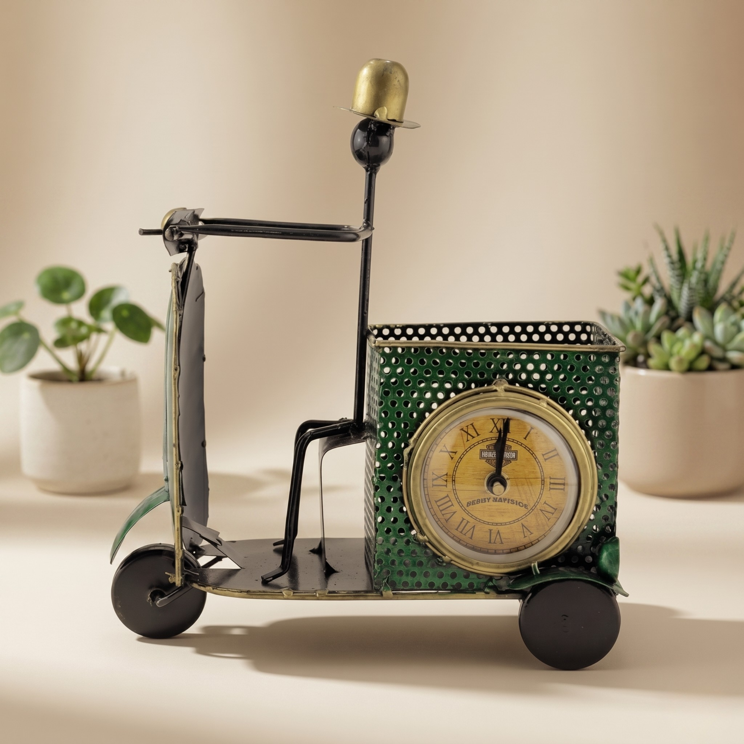 Handmade Metal Scooter Table Clock – Vintage Home Decor