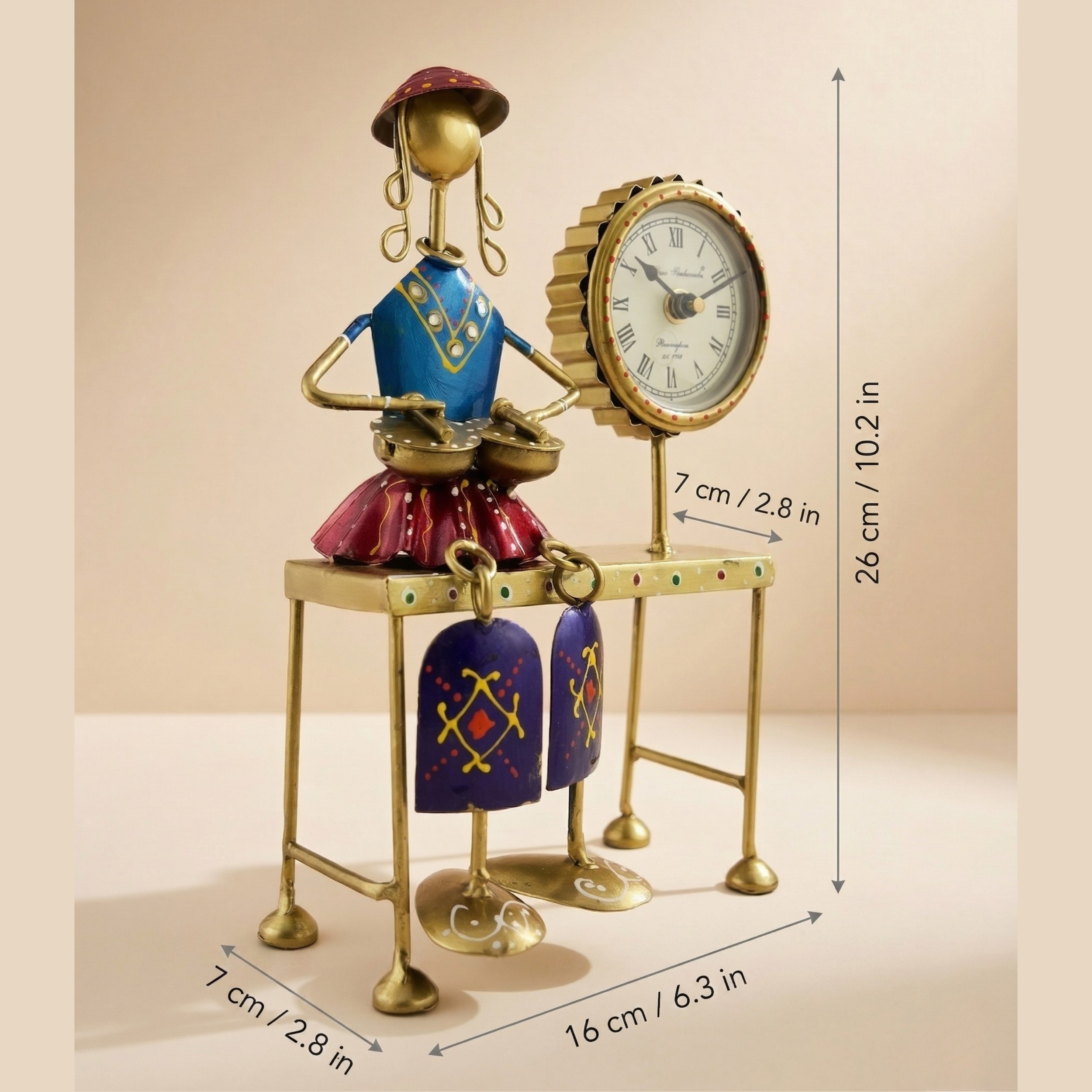 Handmade Musician Lady Table Clock β Vintage Metal Desk Decor Showpiece
