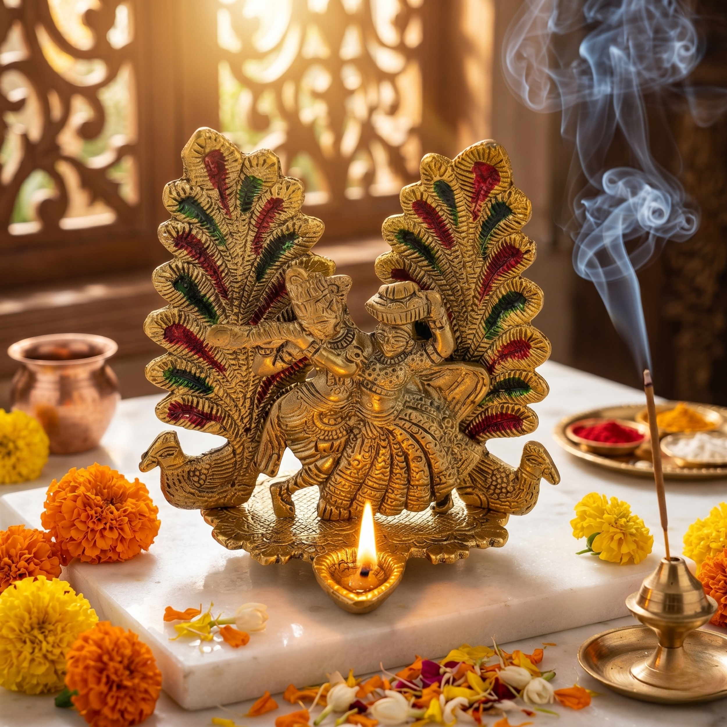 Gulabi Craft Handcrafted Mor Pankh Radha Krishna Idol with Diya – Antique Gold Metal Decor Premium Gift Item