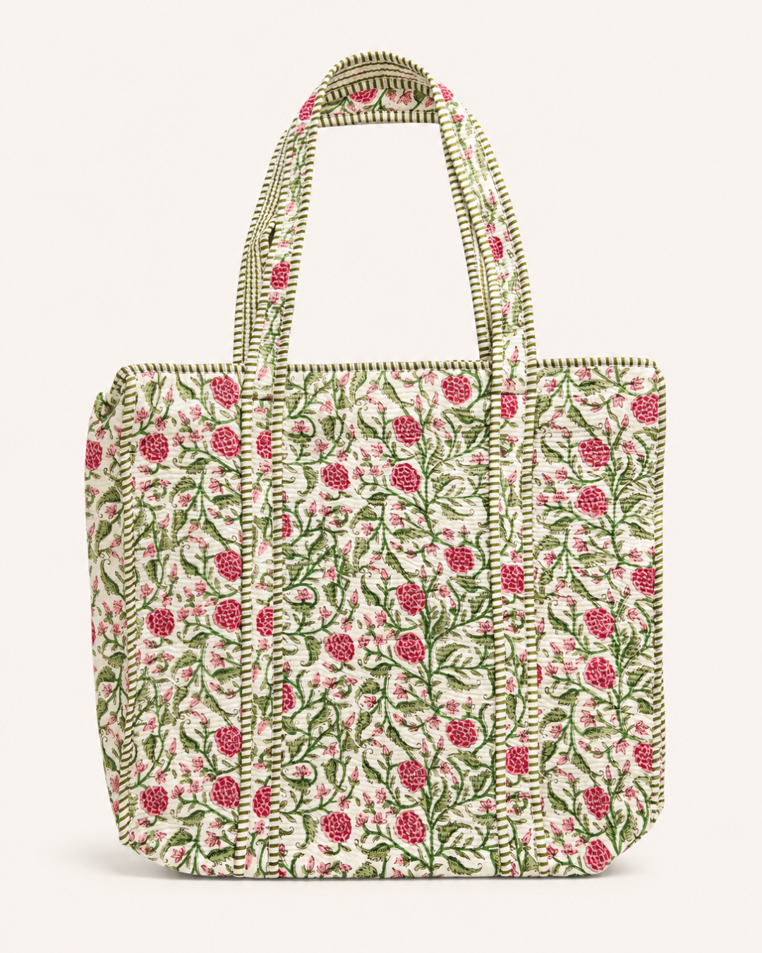 Olive Green Vintage Floral Quilted Canvas Tote Bag | Handcrafted Cotton Shoulder Bag with Inner Pocket | Gulabi Craft