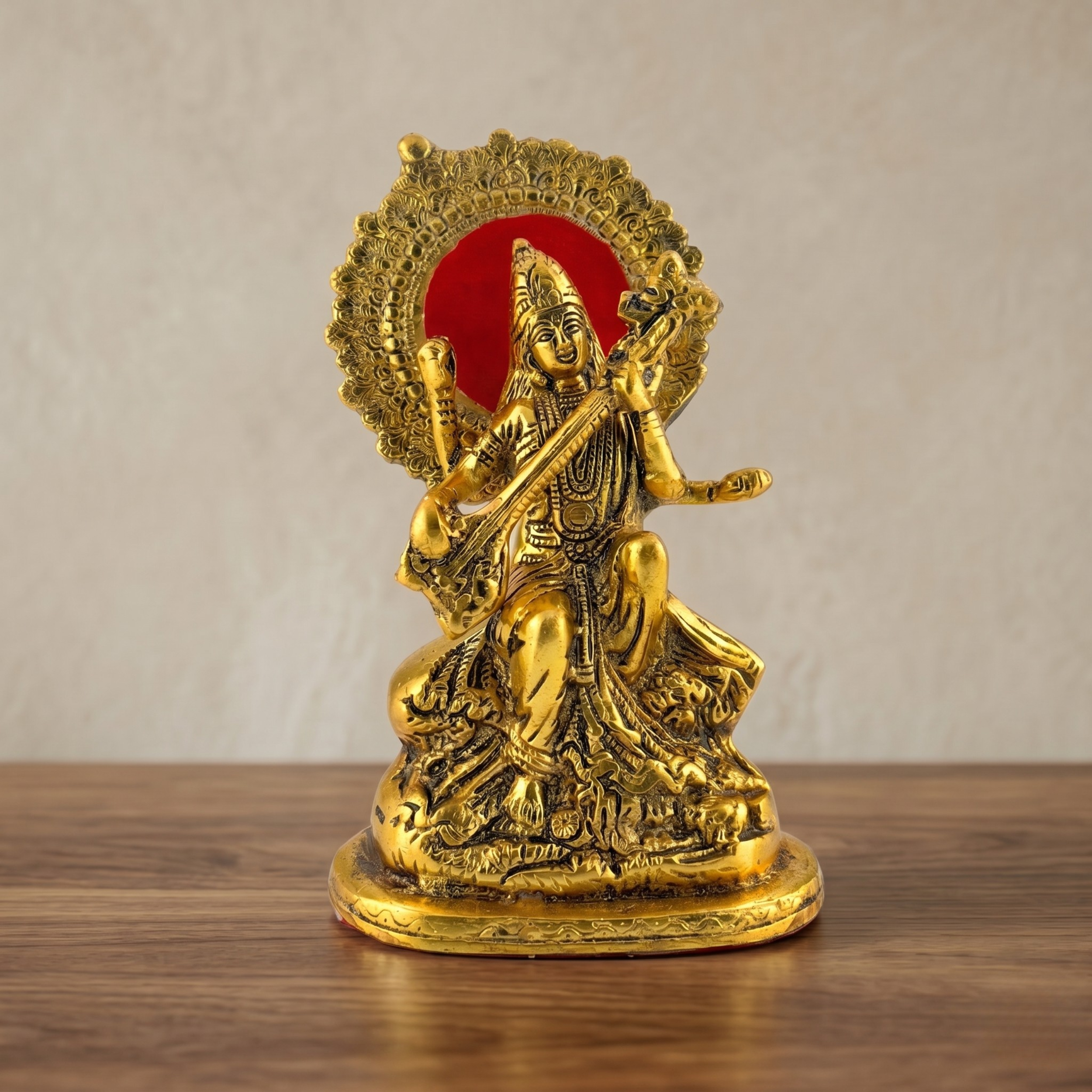 Gulabi Craft Handcrafted Saraswati Maa Idol – Antique Gold Metal Statue for Pooja Room, Study Decor & Gifting