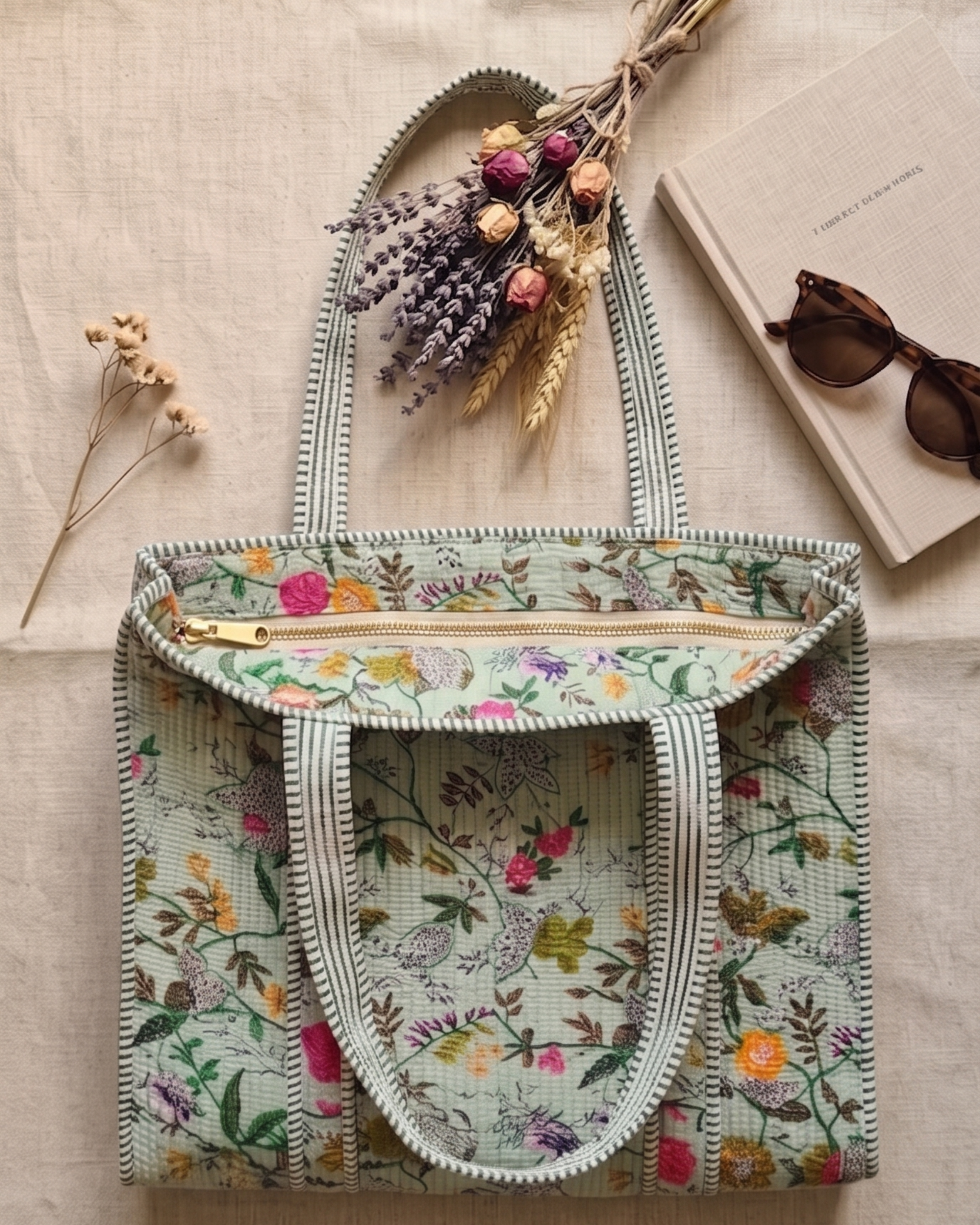 Handmade Quilted Floral Cotton Tote Bag – Eco-Friendly Everyday Carry & Premium Gift Item | Gulabi Craft