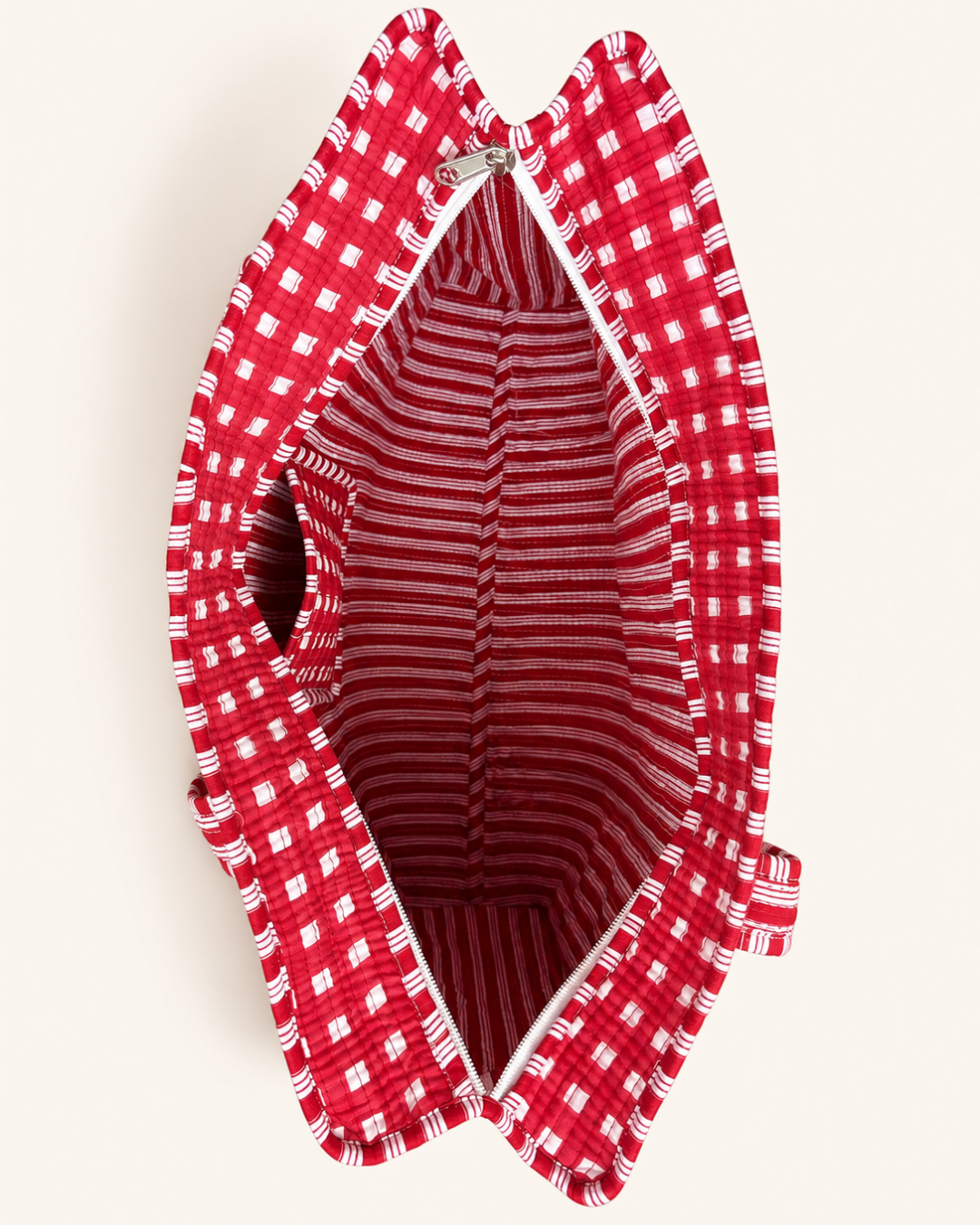 Crimson Red Gingham Handcrafted Quilted 60x60 Cotton Tote Bag & 3 Pouch Combo Set for Travel - Gulabi Craft 