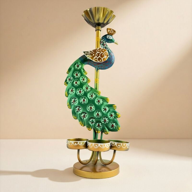 Handcrafted Triple Peacock Tea Light Holder – Metal Candle Stand for Festive Decor & Gifting | Gulabi Craft