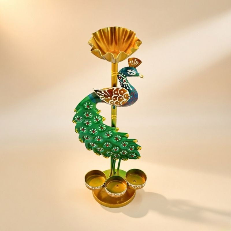 Handcrafted Triple Peacock Tea Light Holder – Metal Candle Stand for Festive Decor & Gifting | Gulabi Craft