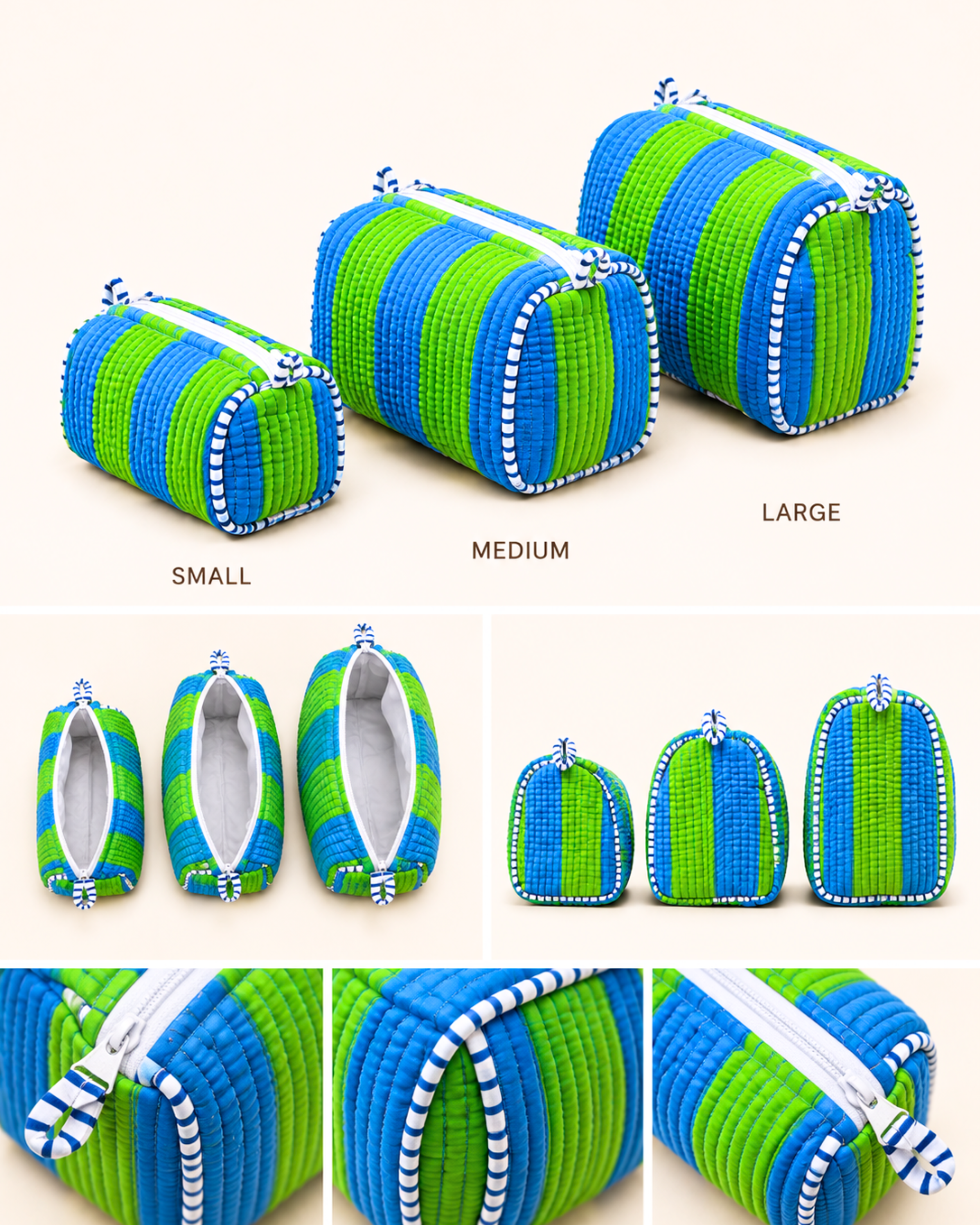 Ocean Green Striped Quilted 60x60 Cotton Tote Bag & 3 Pouch Combo Set | Gulabi Craft 