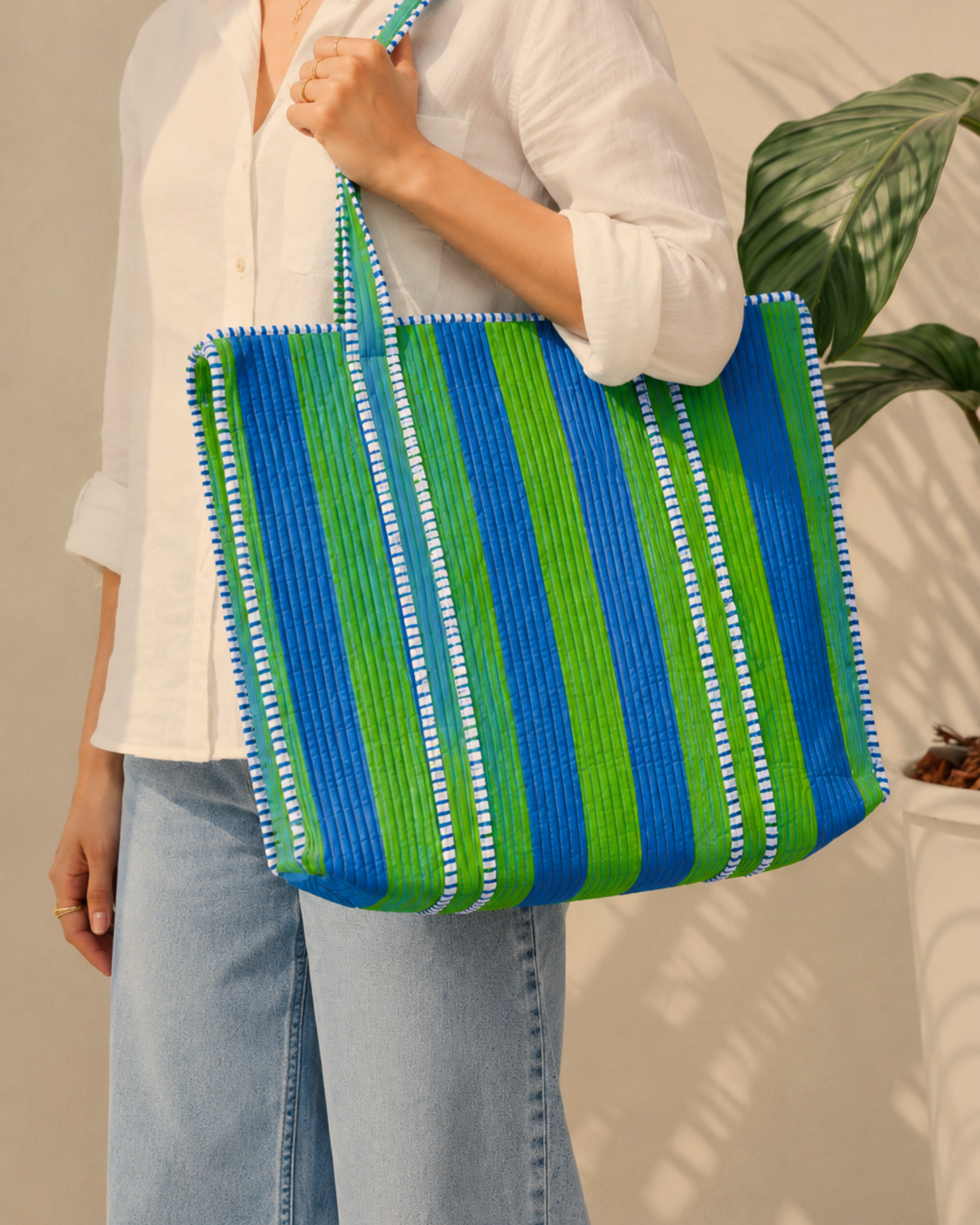 Ocean Green Striped Quilted 60x60 Cotton Tote Bag & 3 Pouch Combo Set | Gulabi Craft 
