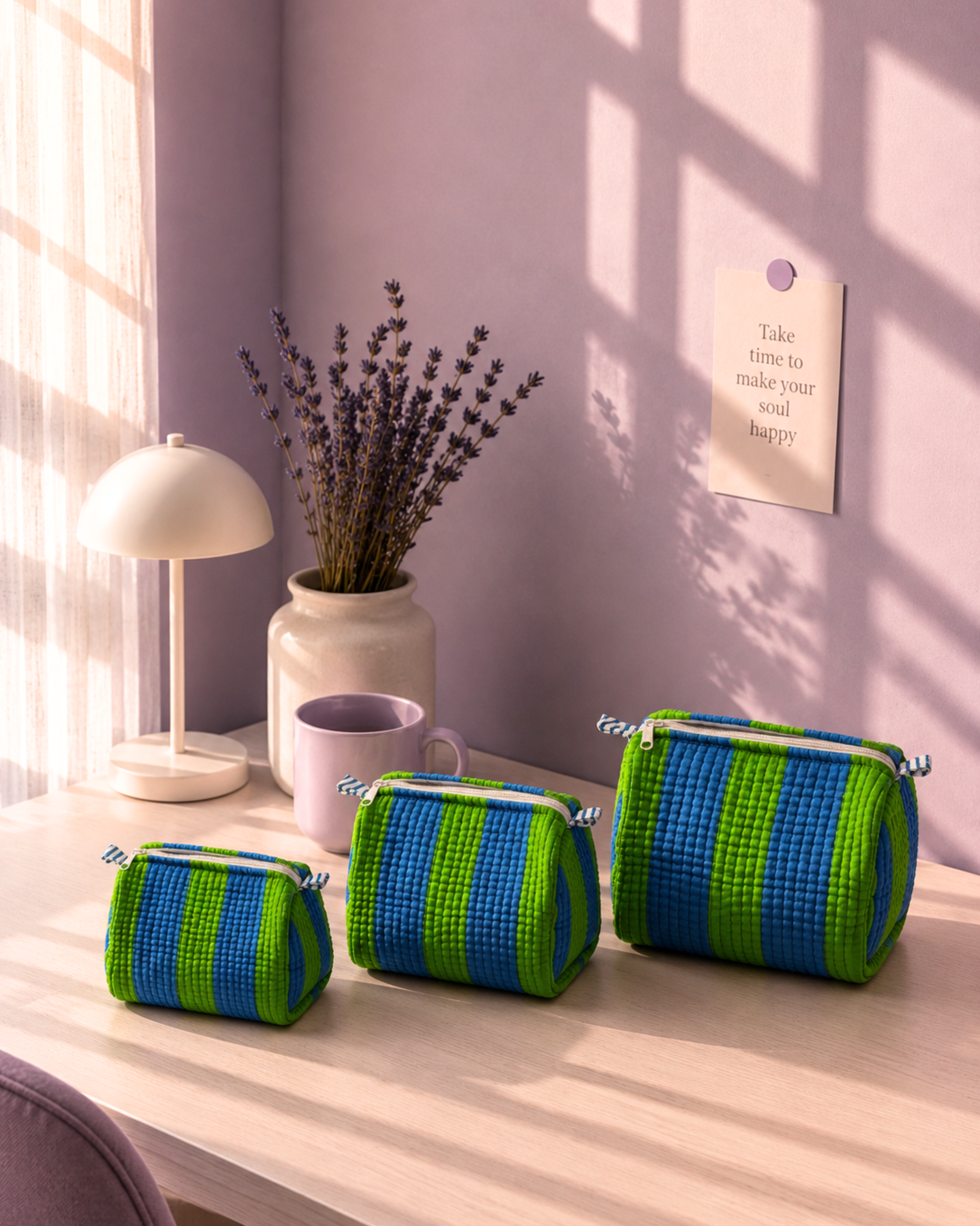 Ocean Green Striped Quilted 60x60 Cotton Tote Bag & 3 Pouch Combo Set | Gulabi Craft 