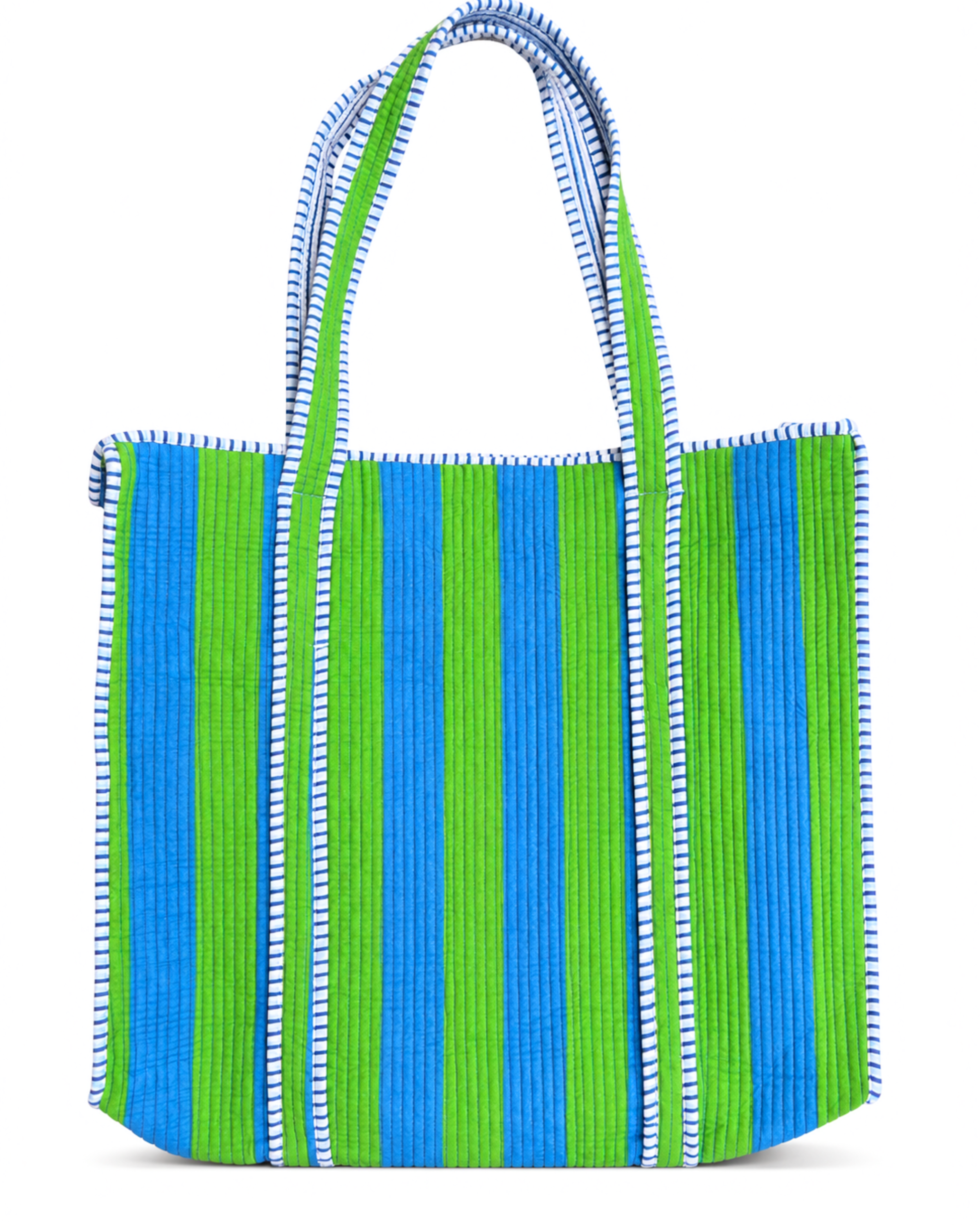 Ocean Green Striped Quilted 60x60 Cotton Tote Bag & 3 Pouch Combo Set | Gulabi Craft 
