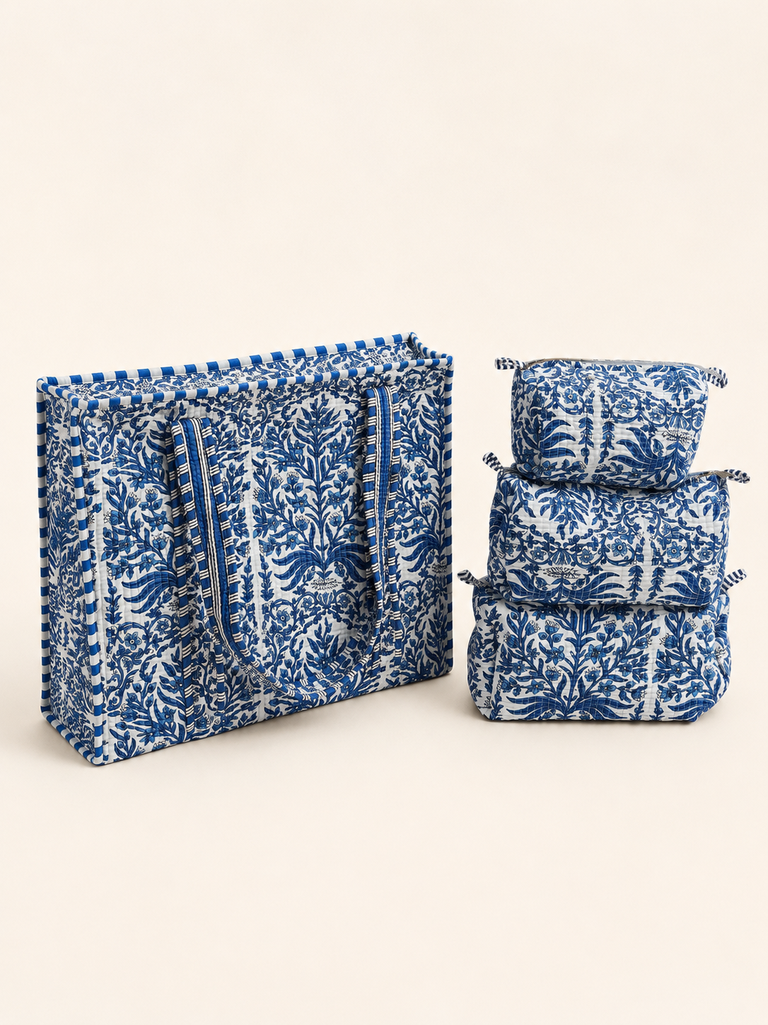 Royal Blue Floral Hand Block Print Quilted 60x60 Cotton Tote Bag & 3 Pouch Combo Set | Gulabi Craft