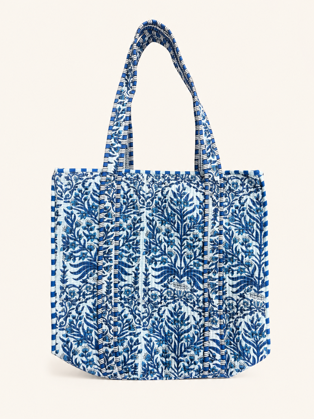 Royal Blue Floral Hand Block Print Quilted 60x60 Cotton Tote Bag & 3 Pouch Combo Set | Gulabi Craft