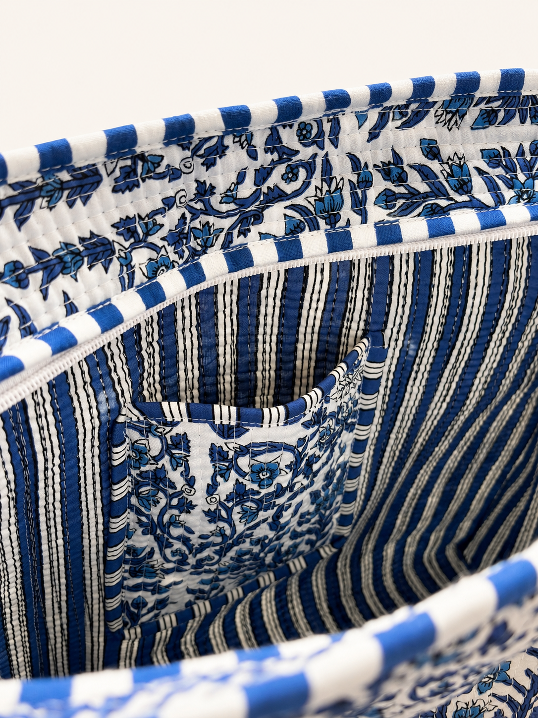 Royal Blue Floral Hand Block Print Quilted 60x60 Cotton Tote Bag & 3 Pouch Combo Set | Gulabi Craft