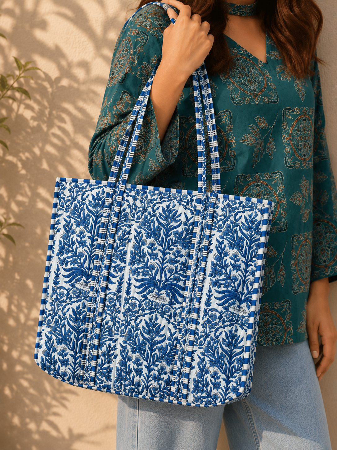 Royal Blue Floral Hand Block Print Quilted 60x60 Cotton Tote Bag & 3 Pouch Combo Set | Gulabi Craft
