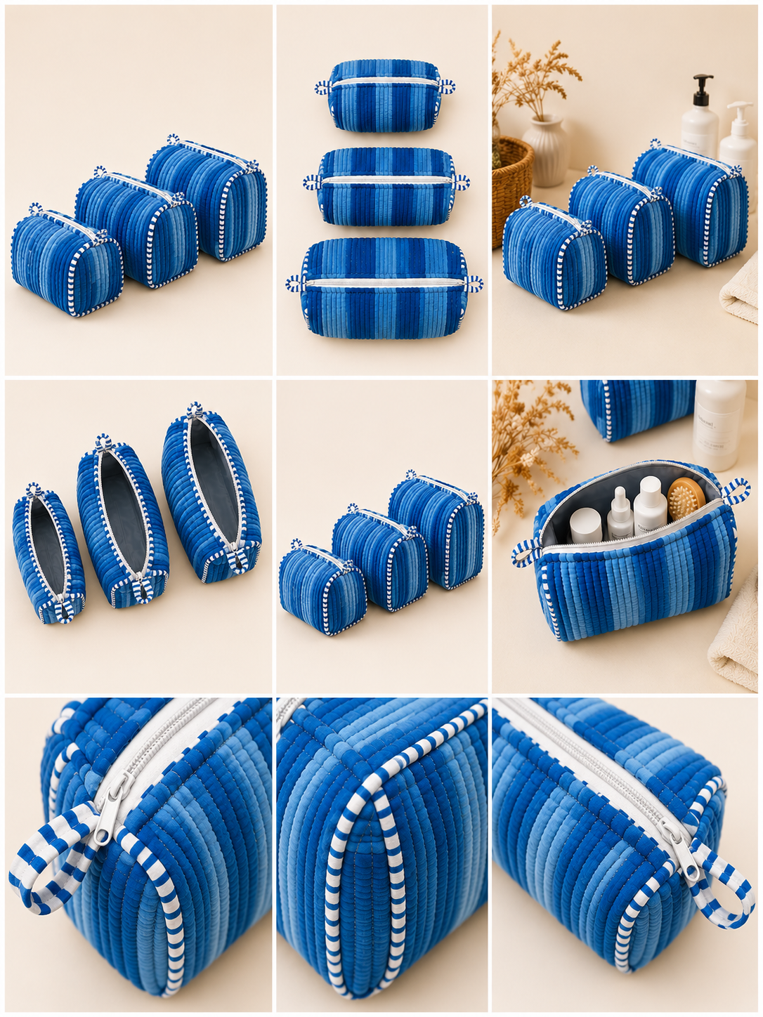 Ocean Blue Striped Quilted 60x60 Cotton Tote Bag & 3 Pouch Combo Set | Gulabi Craft