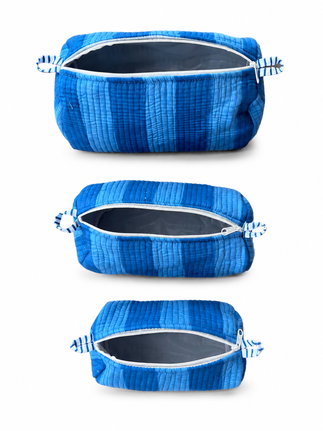 Ocean Blue Striped Quilted 60x60 Cotton Tote Bag & 3 Pouch Combo Set | Gulabi Craft
