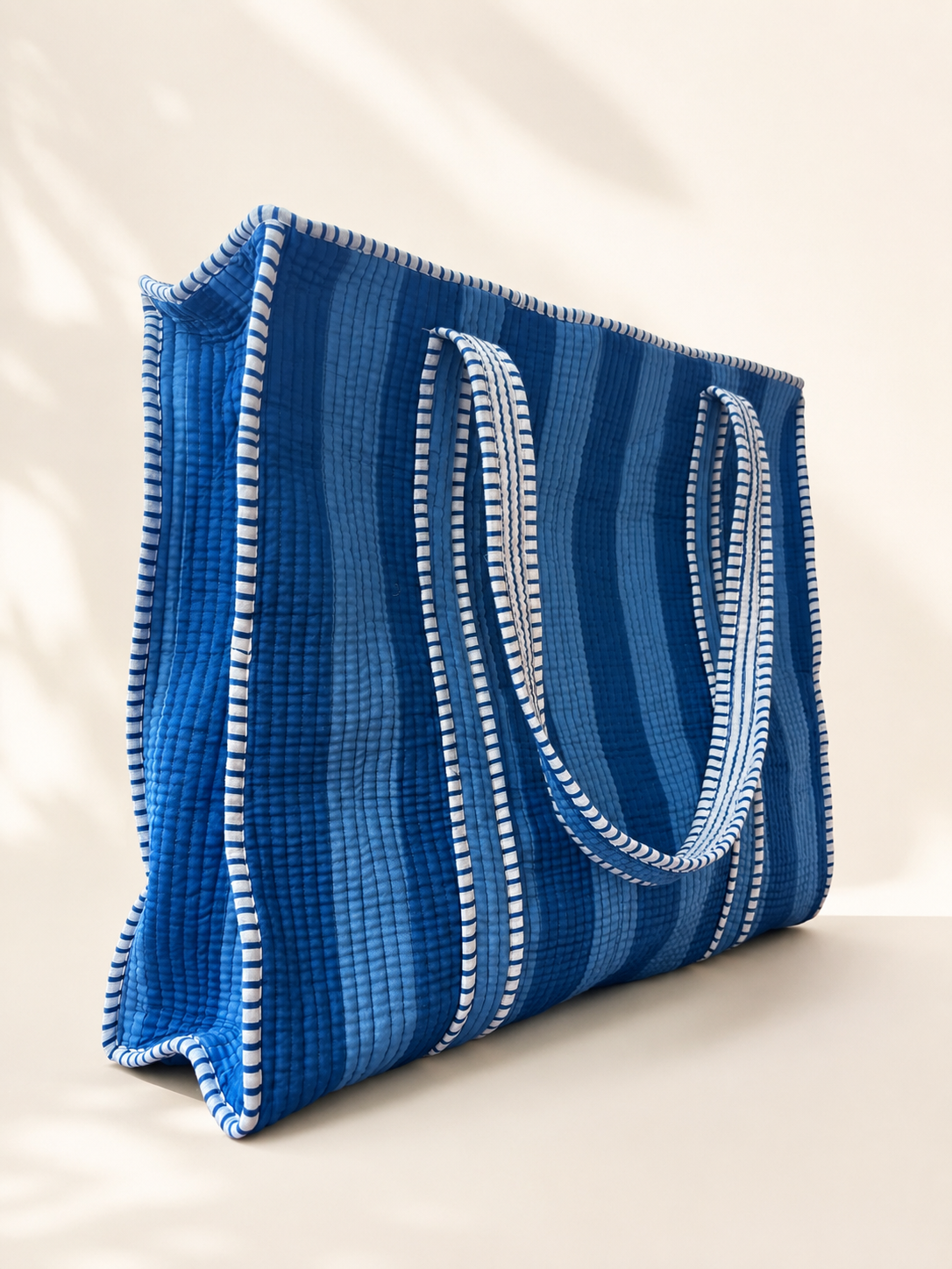 Ocean Blue Striped Quilted 60x60 Cotton Tote Bag & 3 Pouch Combo Set | Gulabi Craft