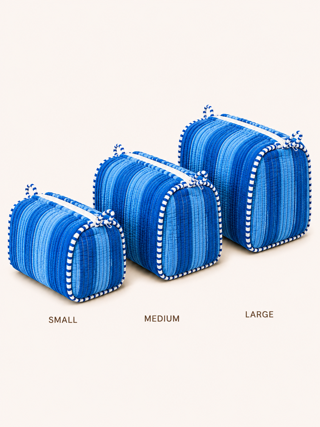 Ocean Blue Striped Quilted 60x60 Cotton Tote Bag & 3 Pouch Combo Set | Gulabi Craft