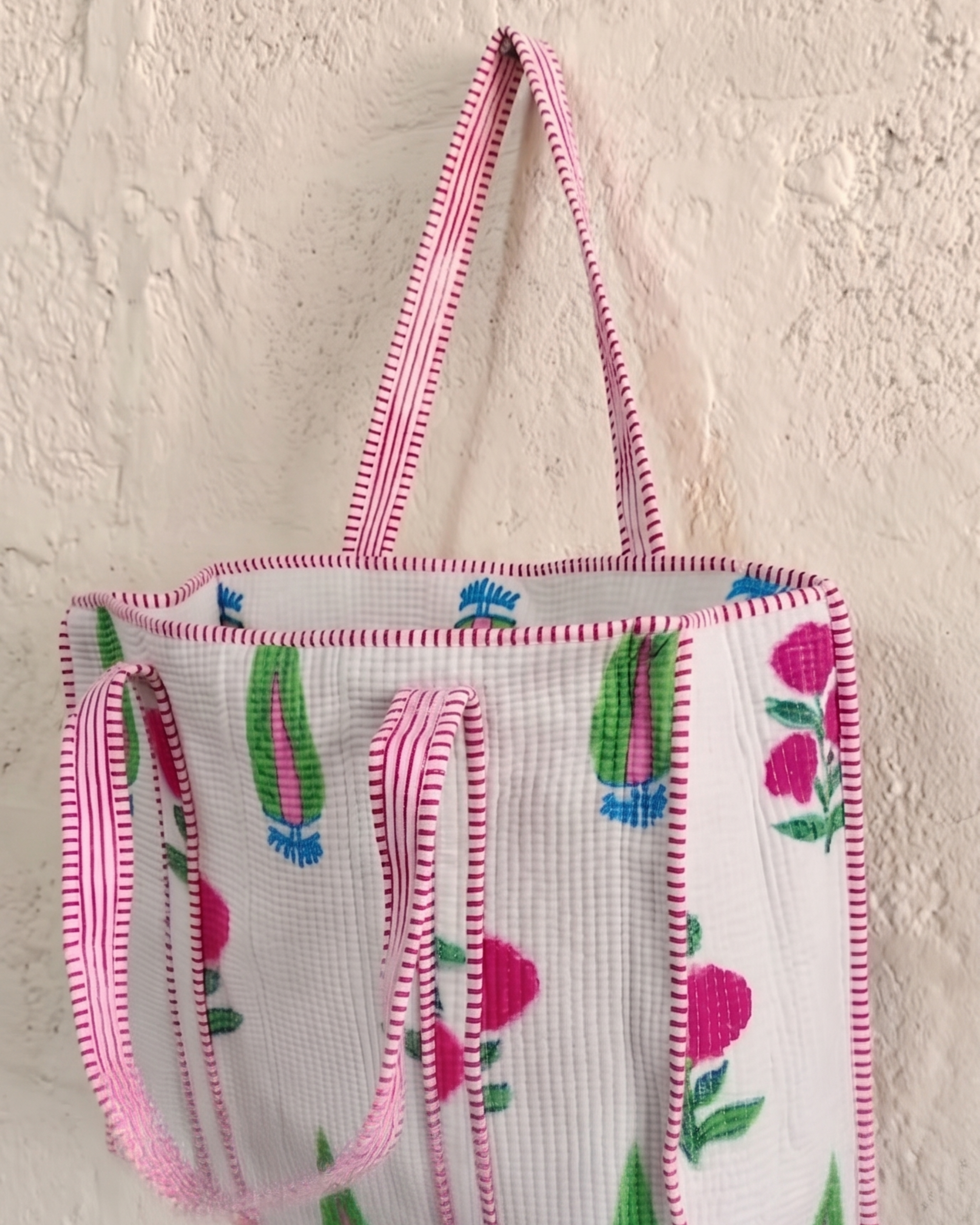 Handcrafted Rosé Garden Kantha Tote Bag – Premium Zip Closure Everyday Carry & Gift Item | Gulabi Craft