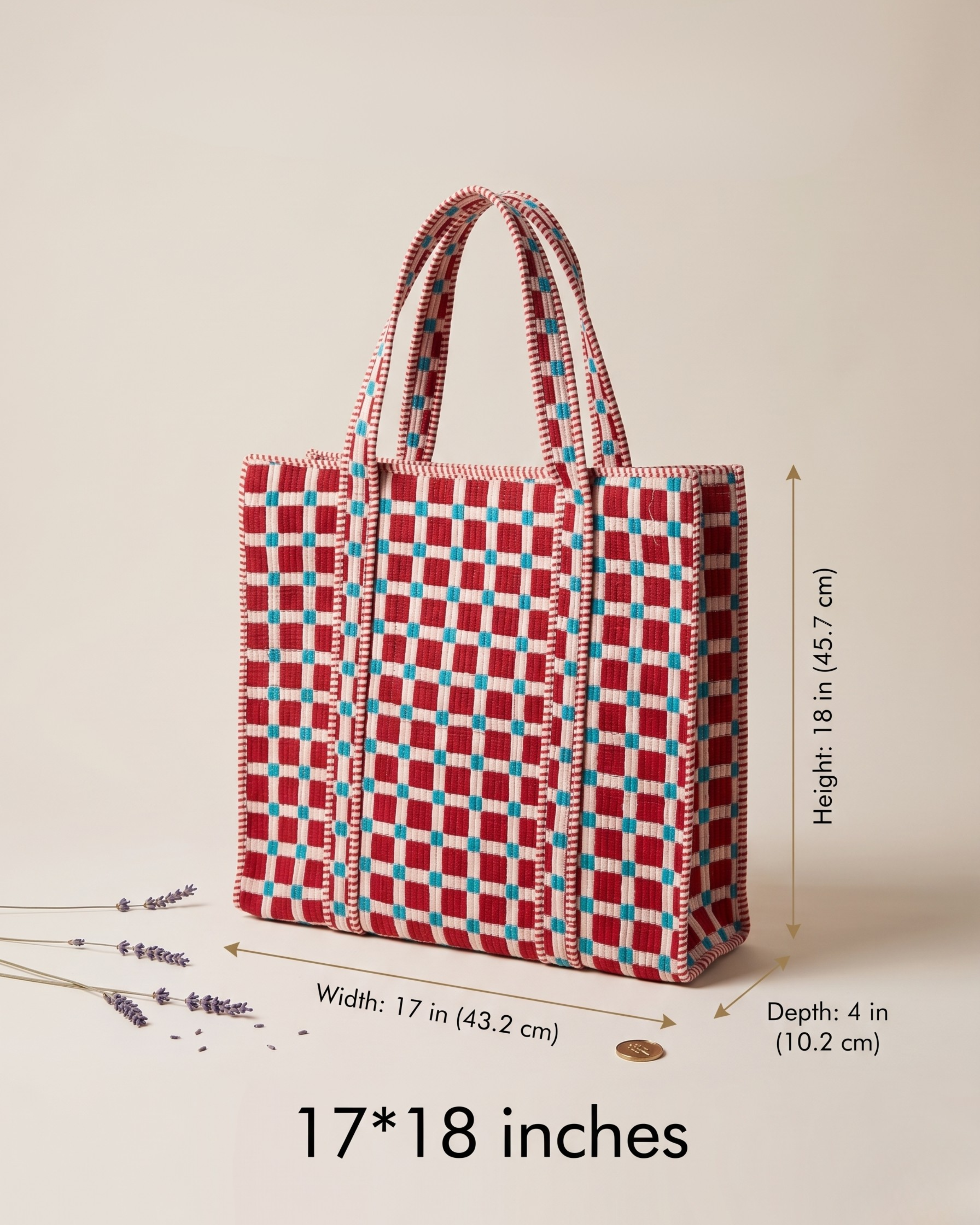 Checkered Quilted Handcrafted Tote Bag – Red & Blue Everyday Carry & Premium Gift Item | Gulabi Craft
