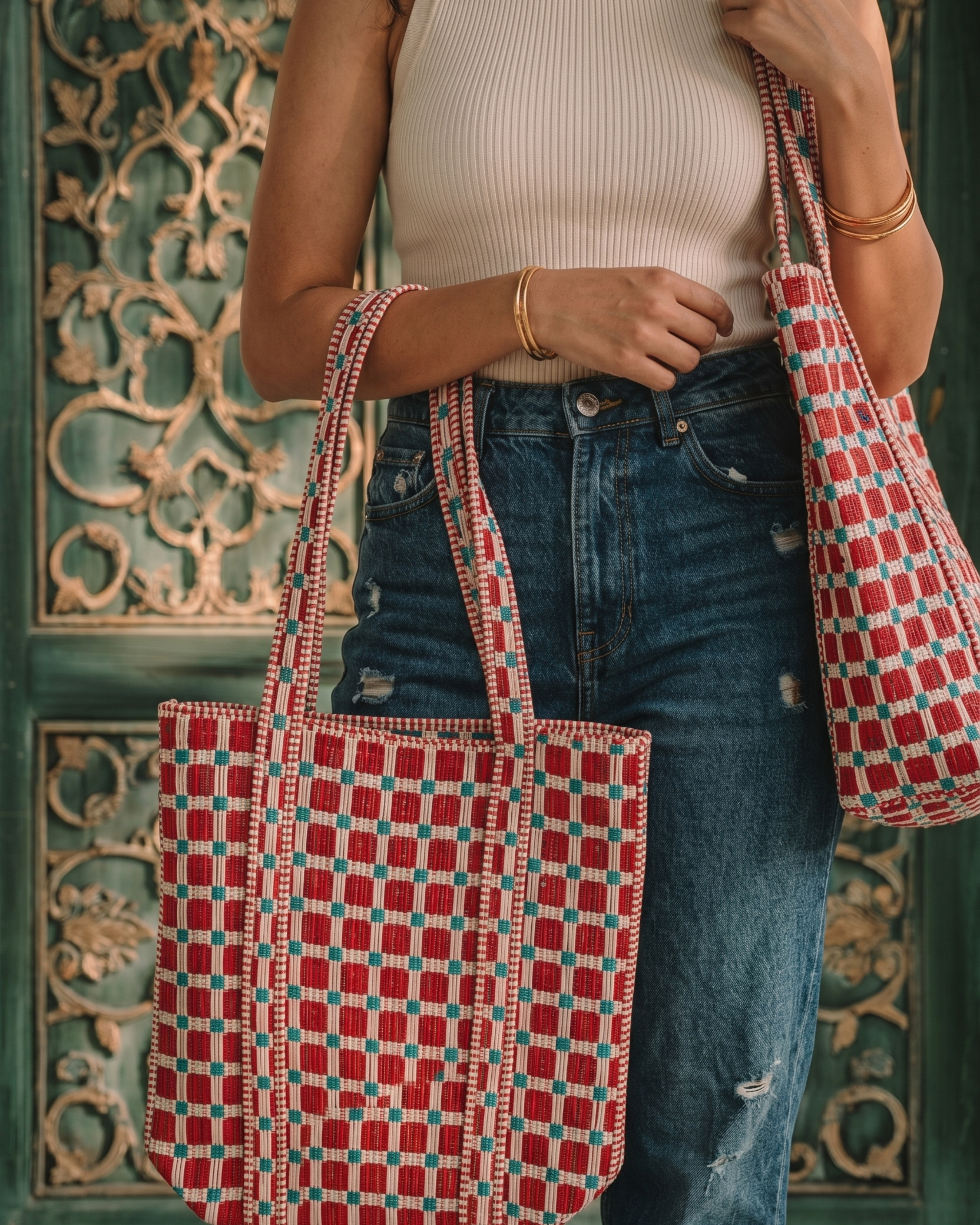 Checkered Quilted Handcrafted Tote Bag – Red & Blue Everyday Carry & Premium Gift Item | Gulabi Craft