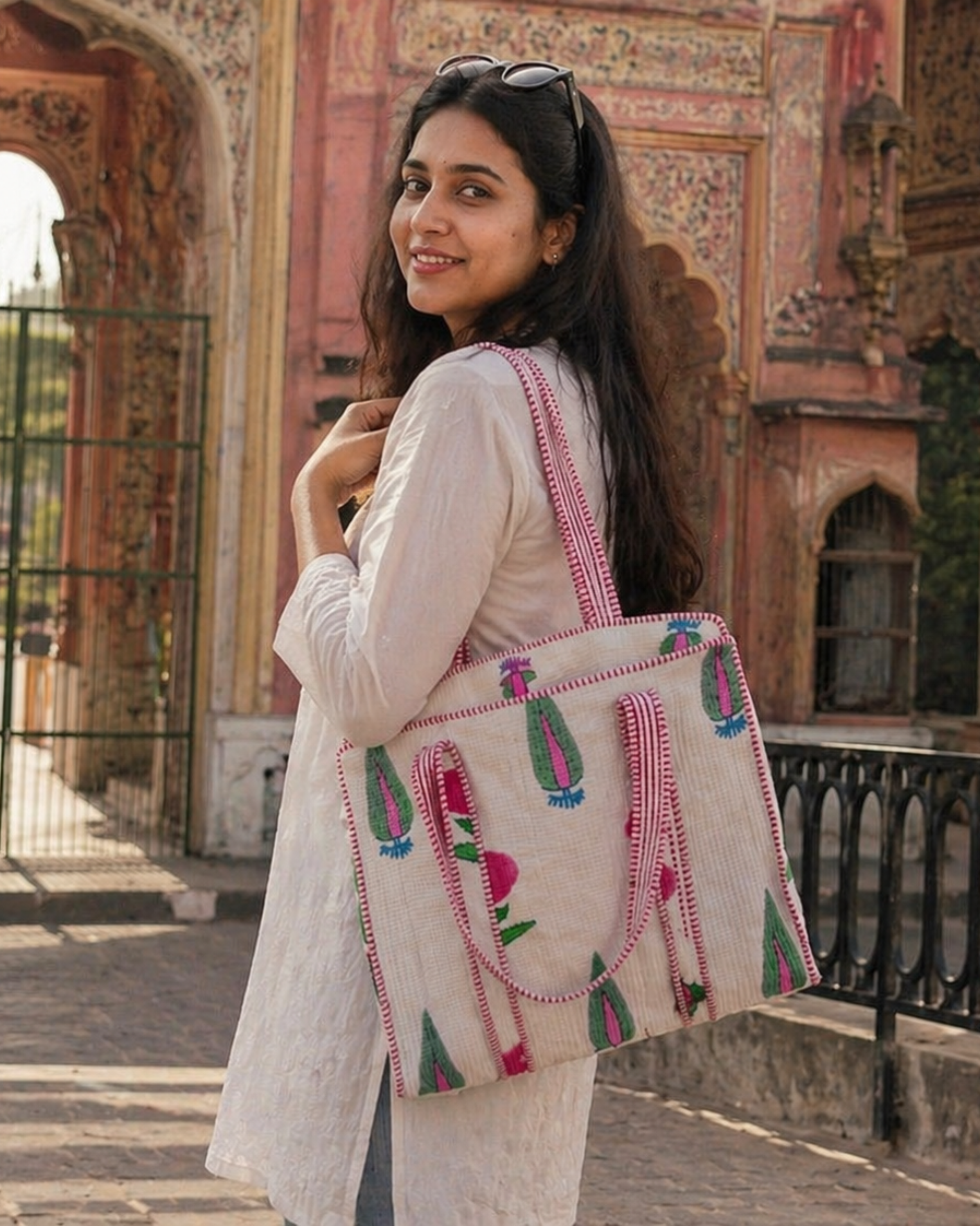 Handcrafted Rosé Garden Kantha Tote Bag – Premium Zip Closure Everyday Carry & Gift Item | Gulabi Craft