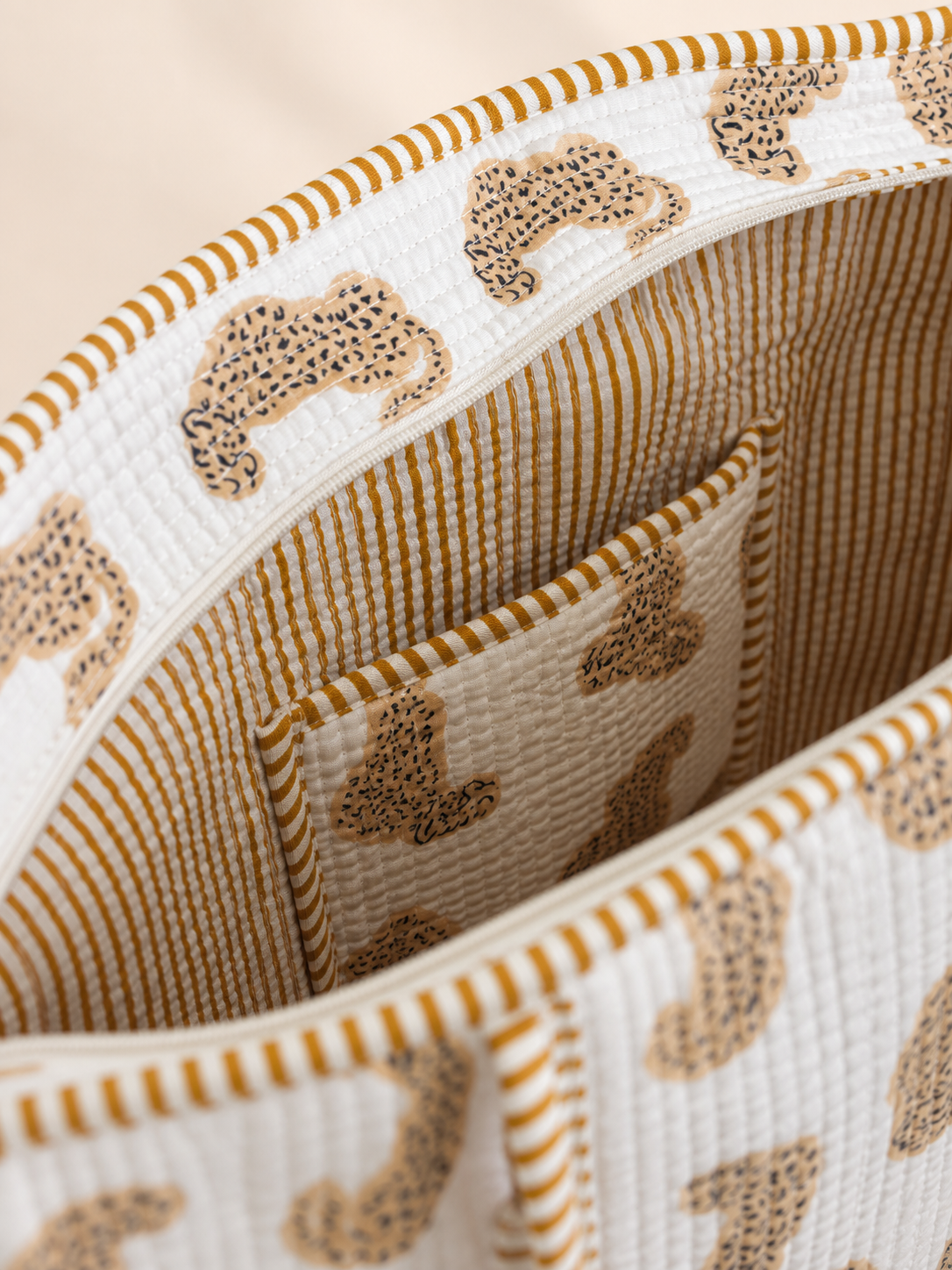 Golden Leopard Print Quilted Cotton Tote Bag with Inner Pocket – Handcrafted Everyday Tote for Women | Gulabi Craft