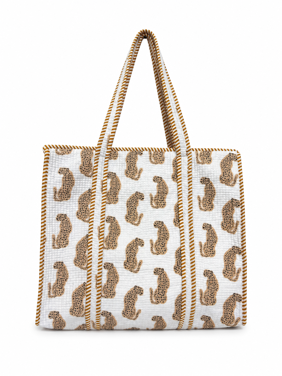 Golden Leopard Print Quilted Cotton Tote Bag with Inner Pocket – Handcrafted Everyday Tote for Women | Gulabi Craft