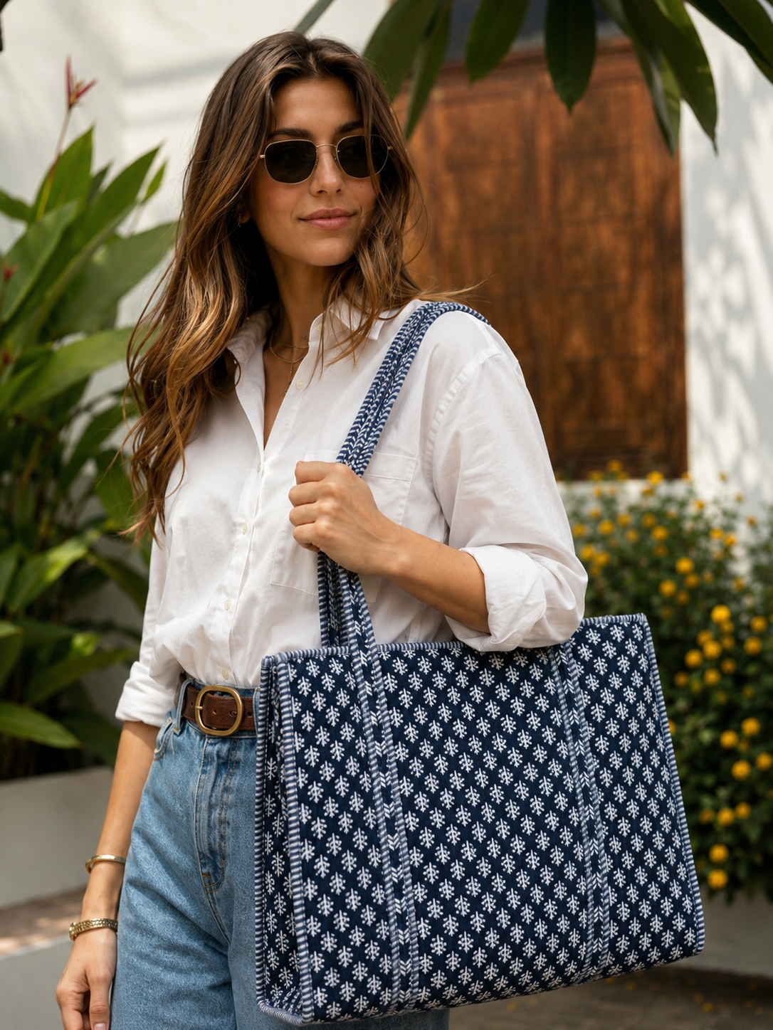 Gulabi Craft Indigo Blossom Hand Block Print Quilted Cotton Tote Bag with Inner Pocket | 17×18 Inch Travel & Everyday Shoulder Bag