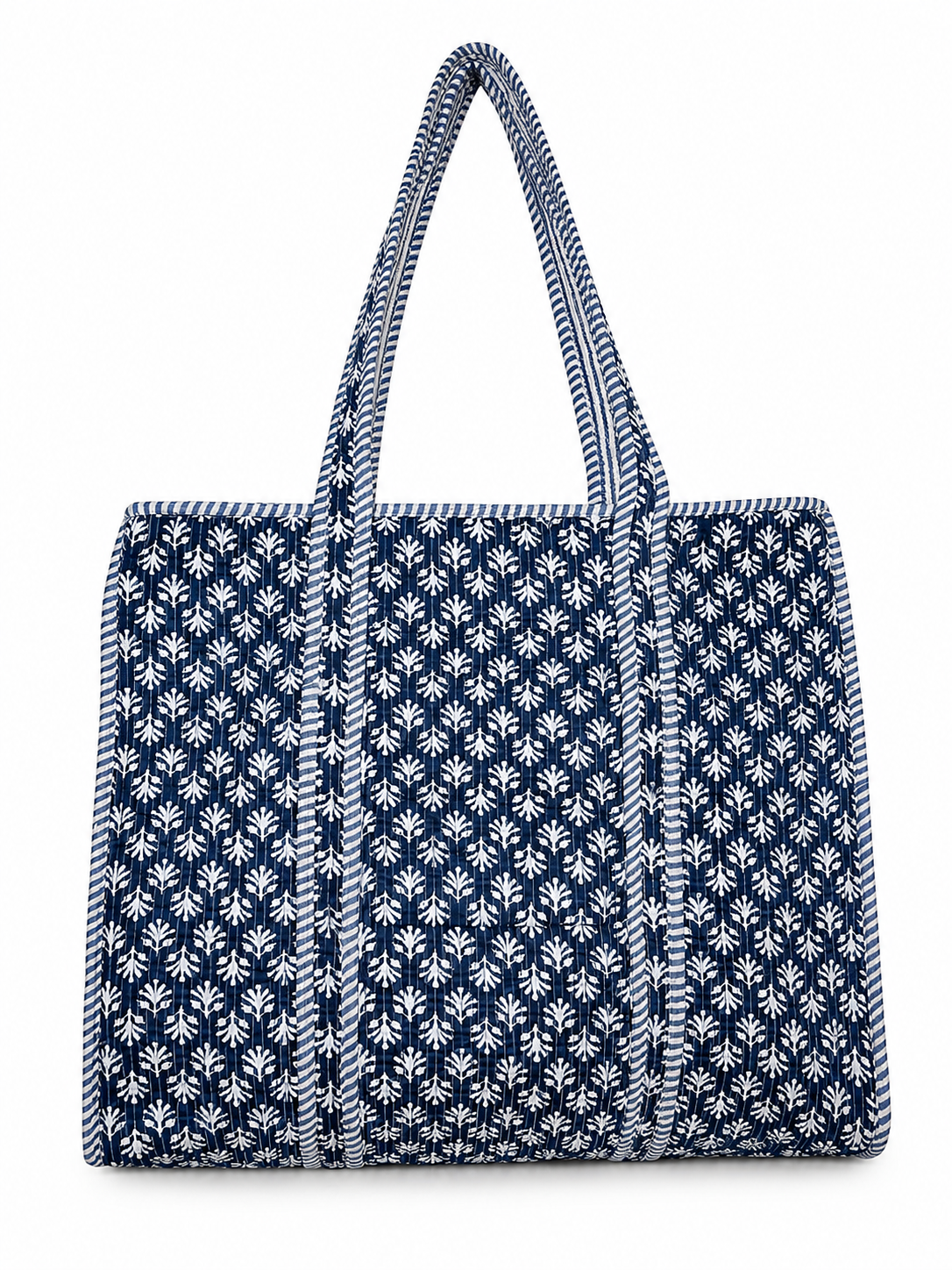 Gulabi Craft Indigo Blossom Hand Block Print Quilted Cotton Tote Bag with Inner Pocket | 17×18 Inch Travel & Everyday Shoulder Bag