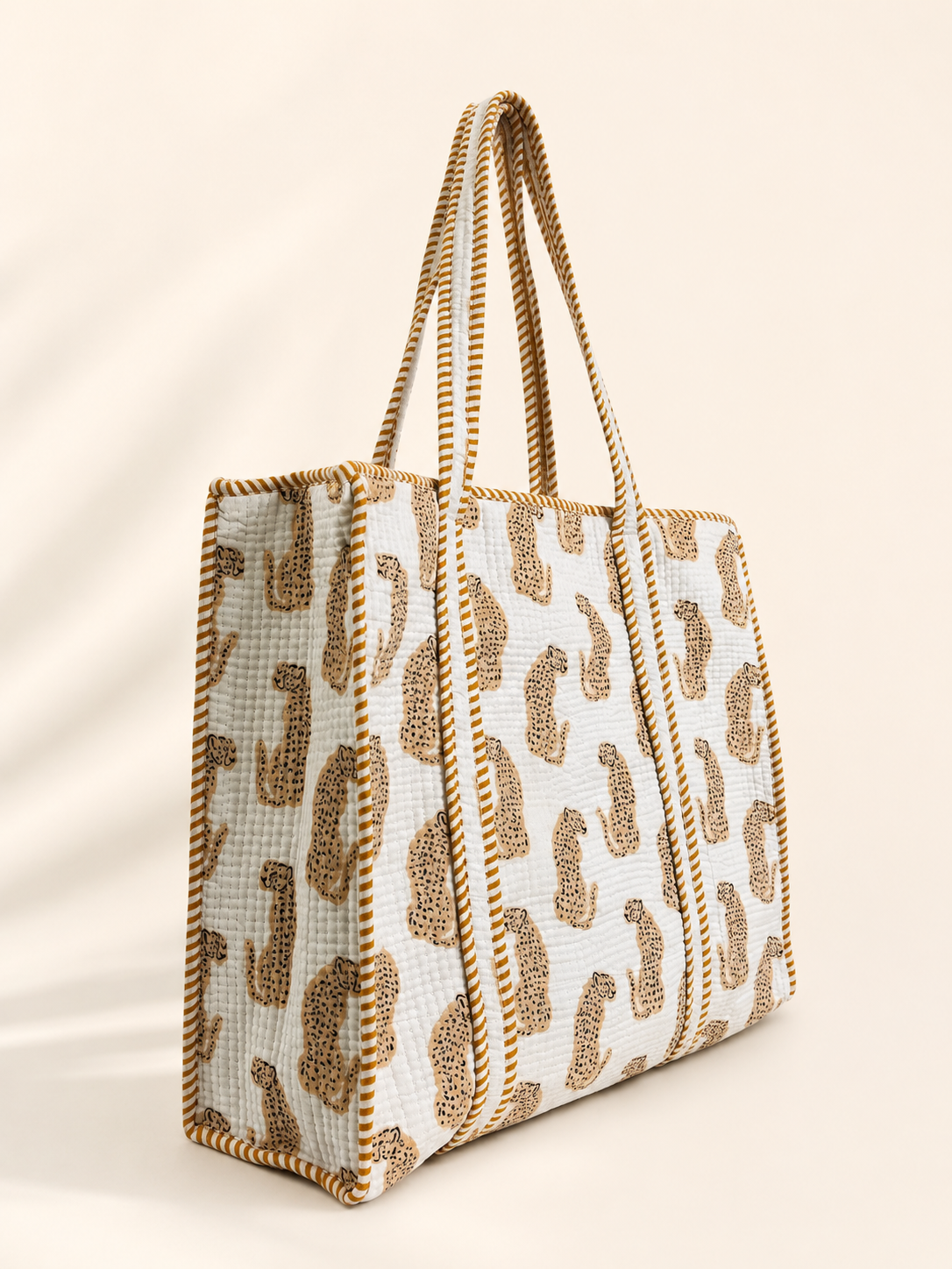 Golden Leopard Print Quilted Cotton Tote Bag with Inner Pocket – Handcrafted Everyday Tote for Women | Gulabi Craft