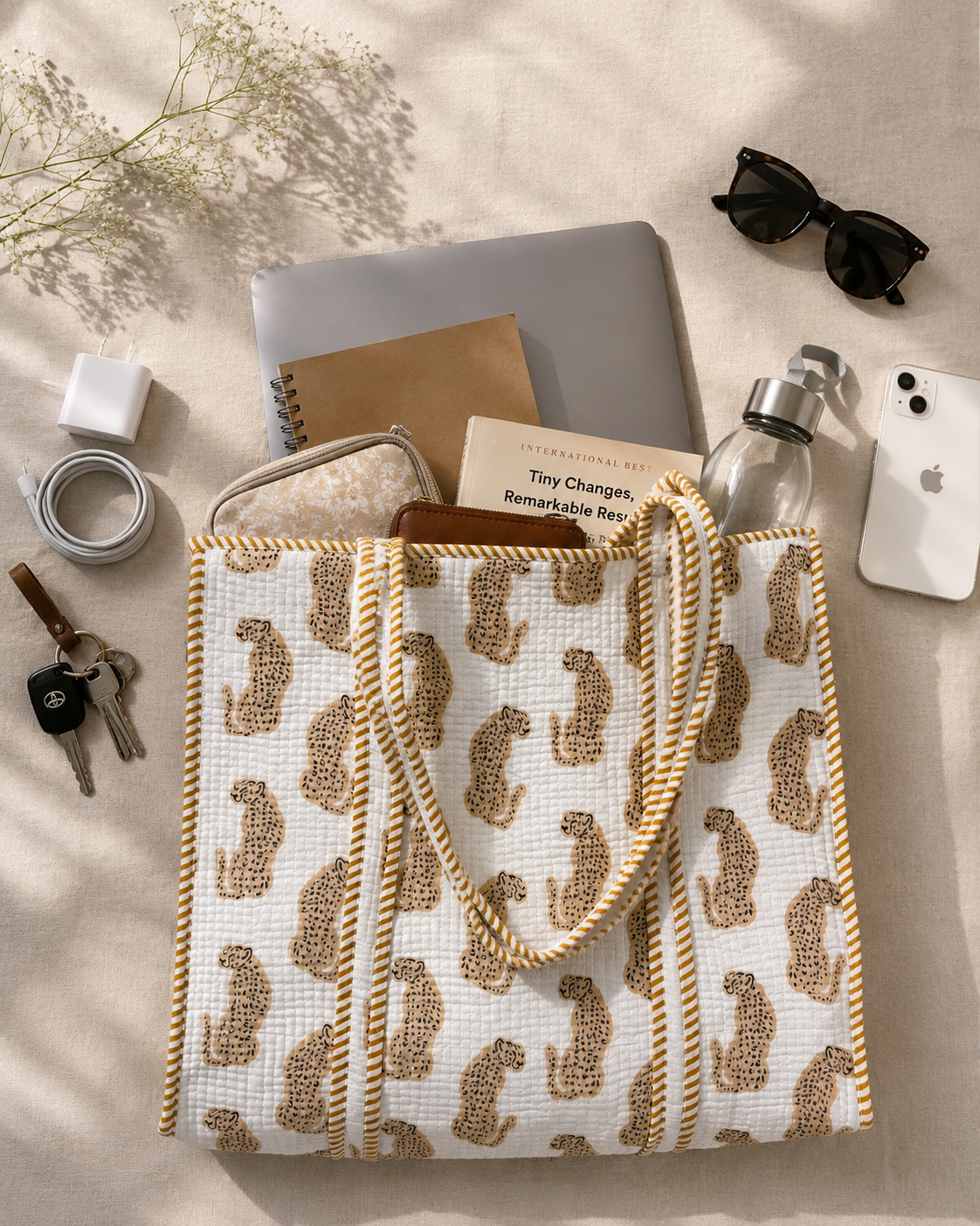 Golden Leopard Print Quilted Cotton Tote Bag with Inner Pocket – Handcrafted Everyday Tote for Women | Gulabi Craft