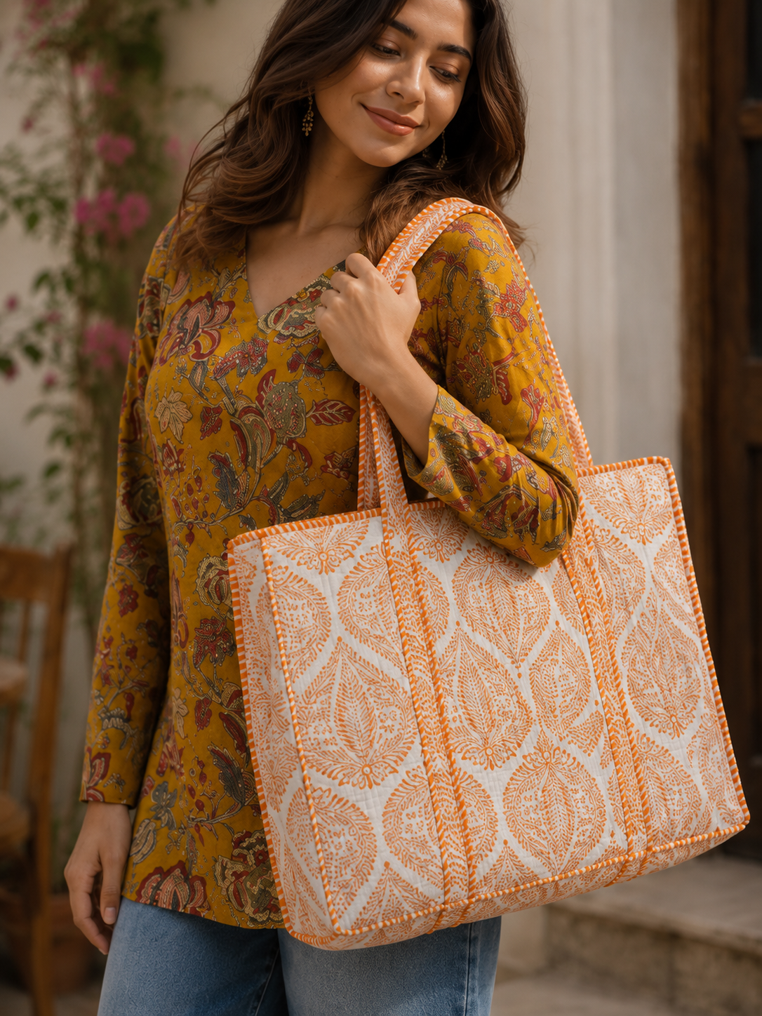 Gulabi Craft Saffron Leaf Hand Block Print Quilted Cotton Tote Bag with Inner Pocket | 17x18 Inch Reusable Travel & Everyday Shoulder Bag