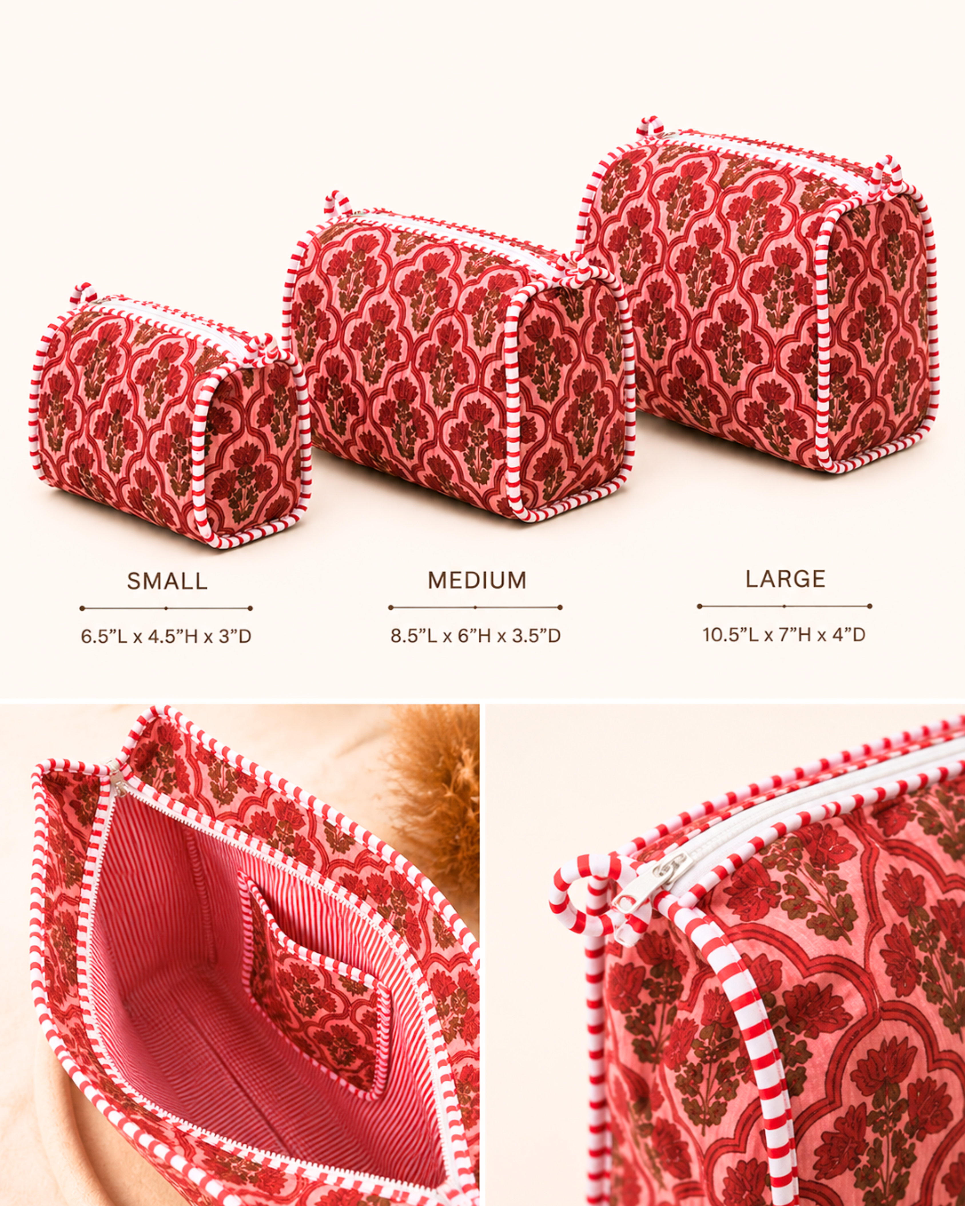 Pink Mughal Floral Quilted Cotton Tote Bag with 3 Cosmetic Pouches Set | Gulabi Craft