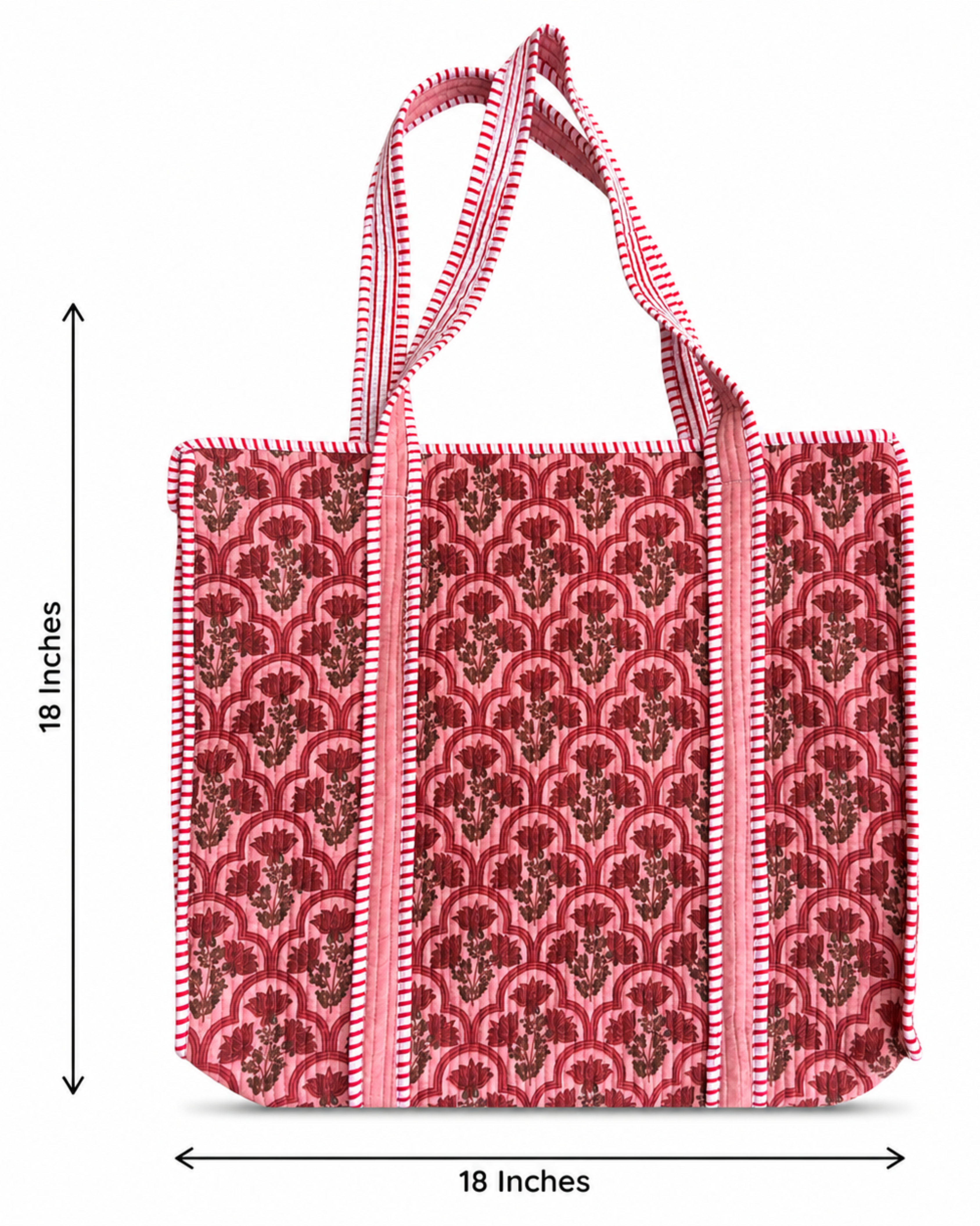 Pink Mughal Floral Quilted Cotton Tote Bag with 3 Cosmetic Pouches Set | Gulabi Craft