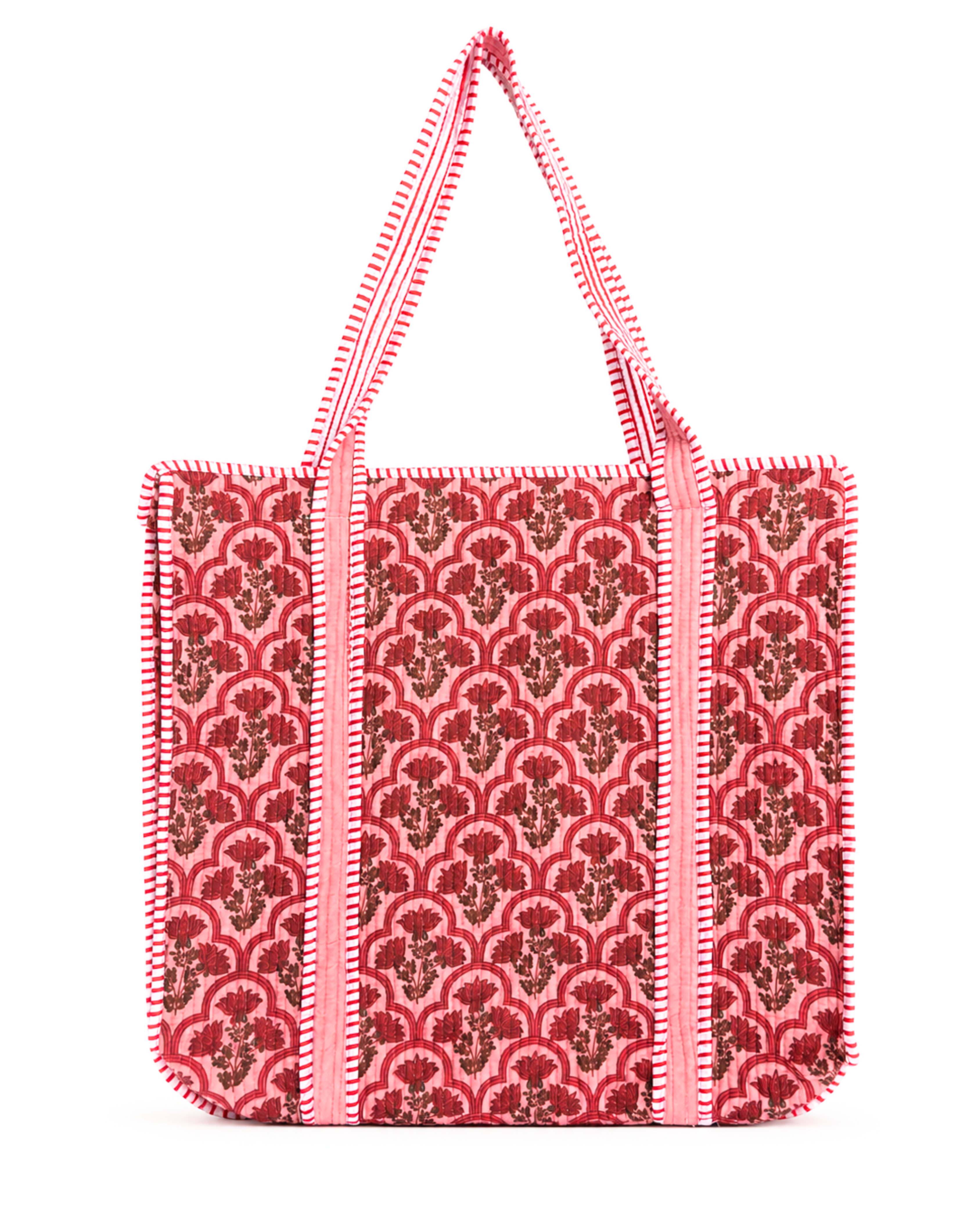 Pink Mughal Floral Quilted Cotton Tote Bag with 3 Cosmetic Pouches Set | Gulabi Craft