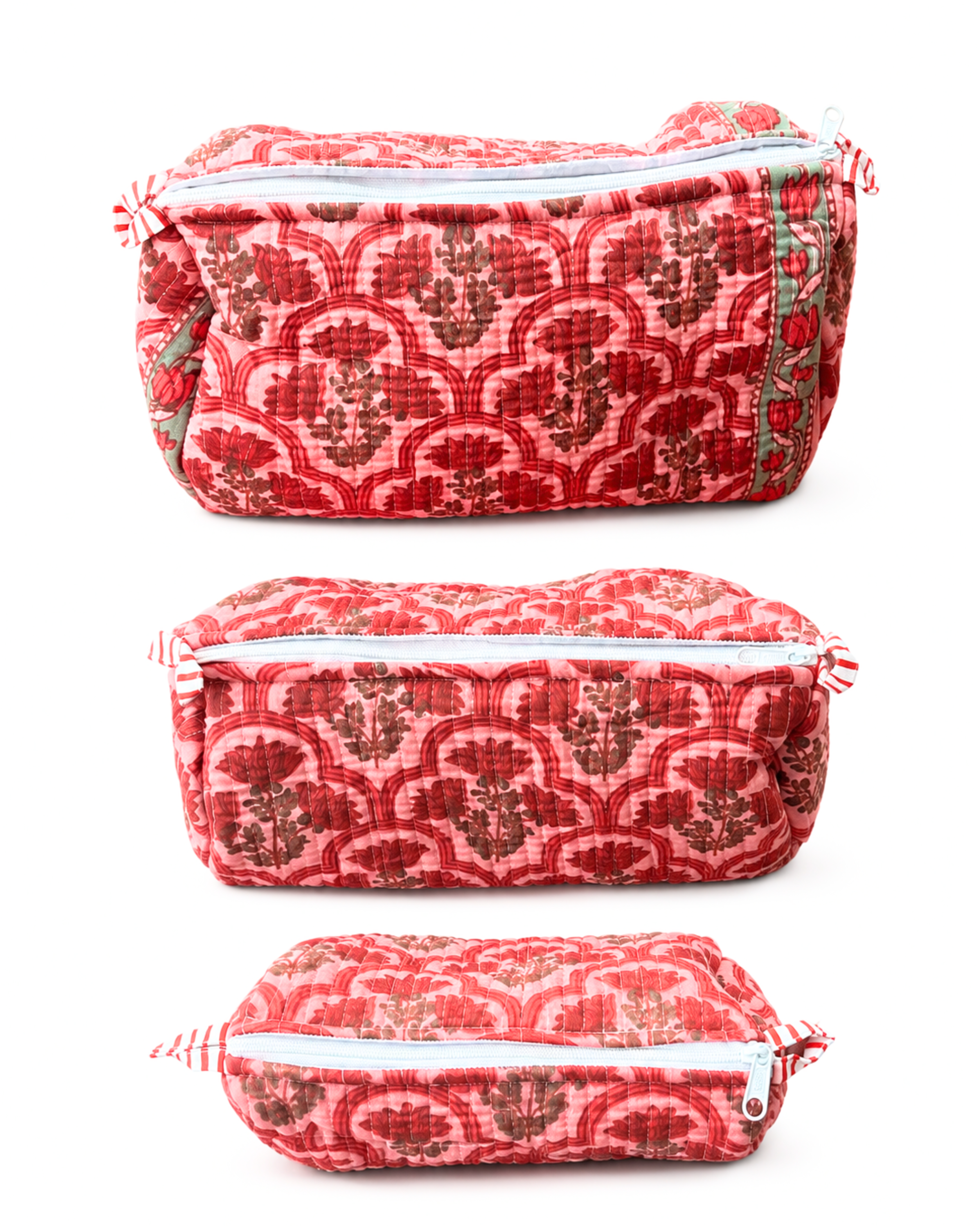 Pink Mughal Floral Quilted Cotton Tote Bag with 3 Cosmetic Pouches Set | Gulabi Craft