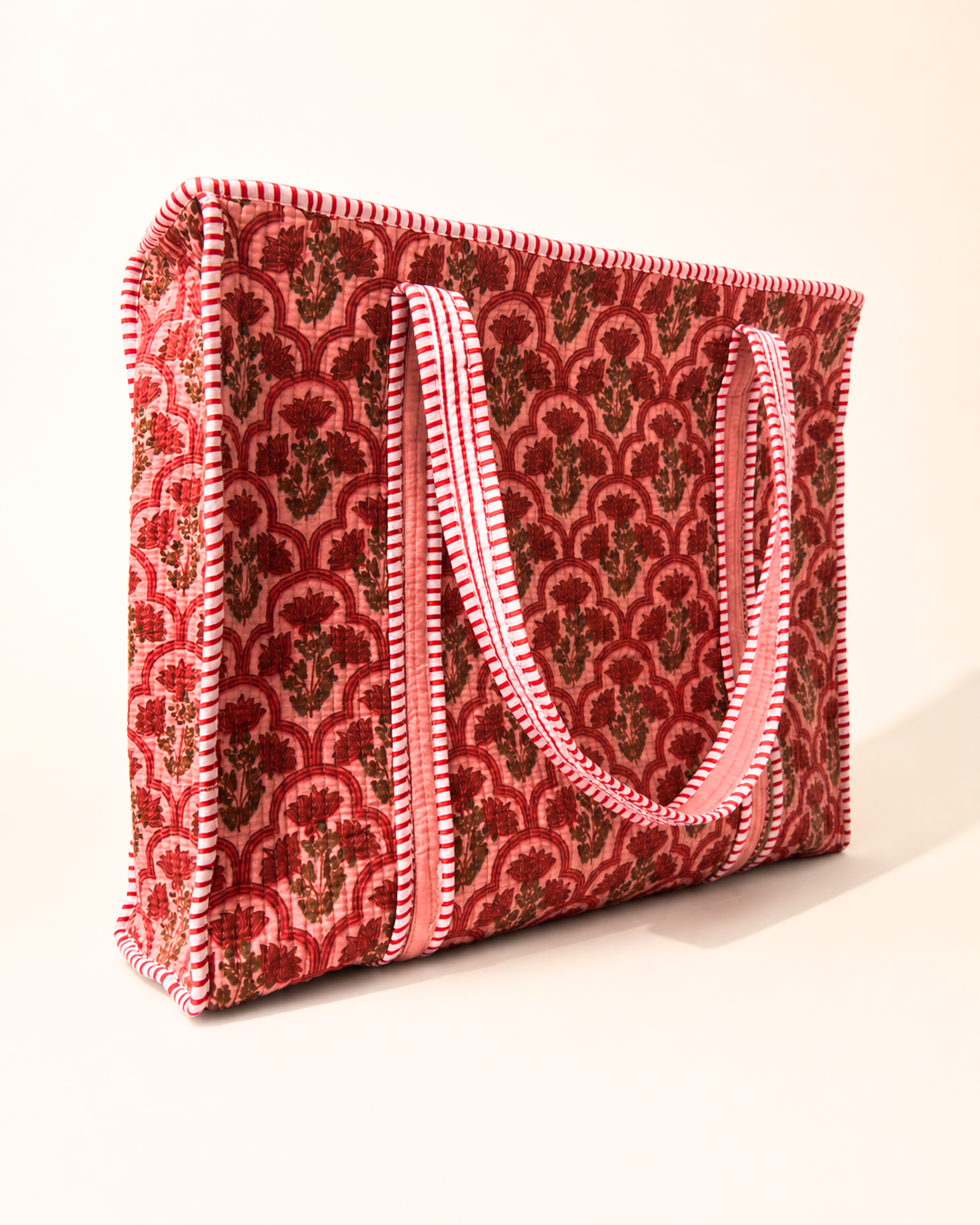 Pink Mughal Floral Quilted Cotton Tote Bag with 3 Cosmetic Pouches Set | Gulabi Craft