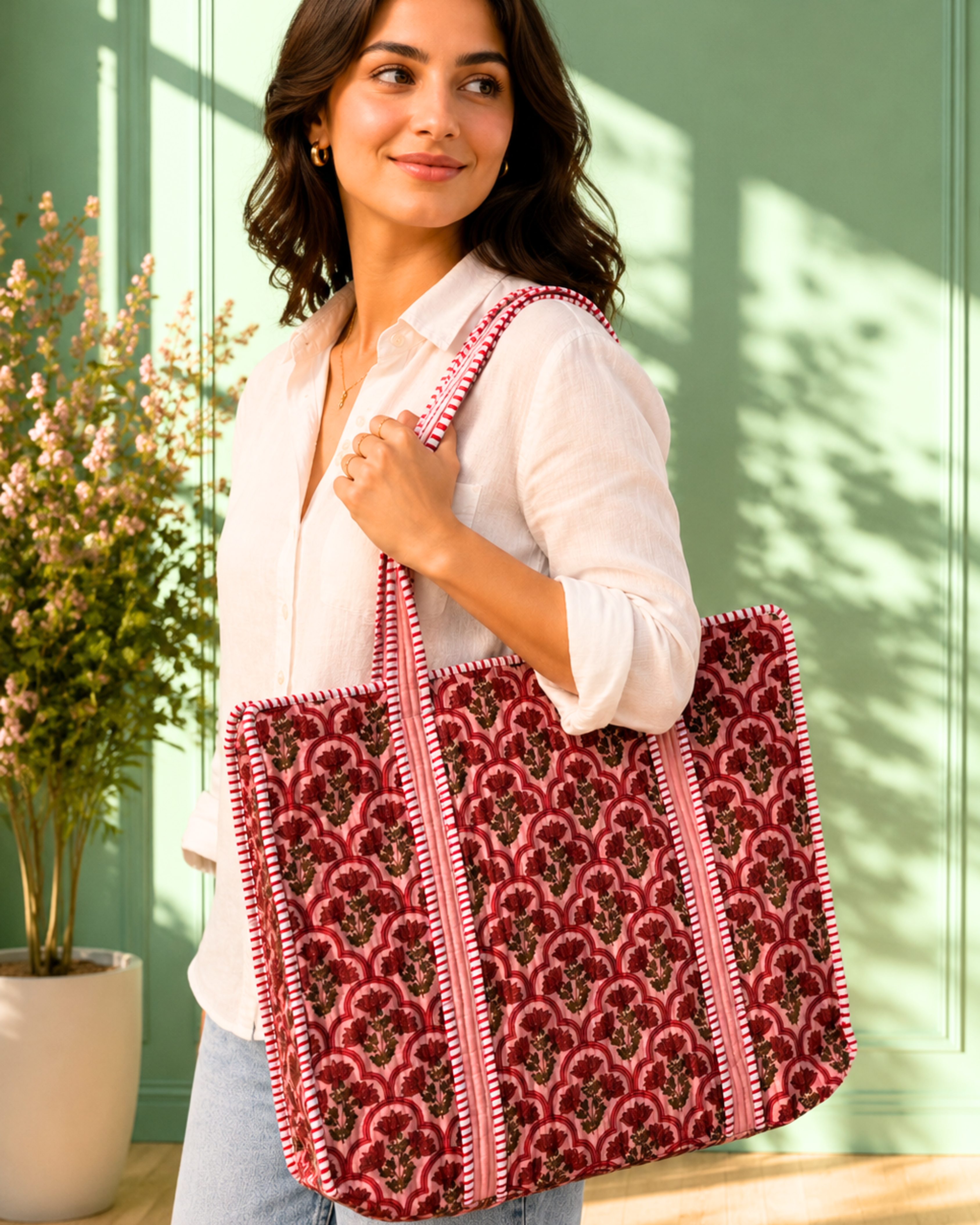 Pink Mughal Floral Quilted Cotton Tote Bag with 3 Cosmetic Pouches Set | Gulabi Craft