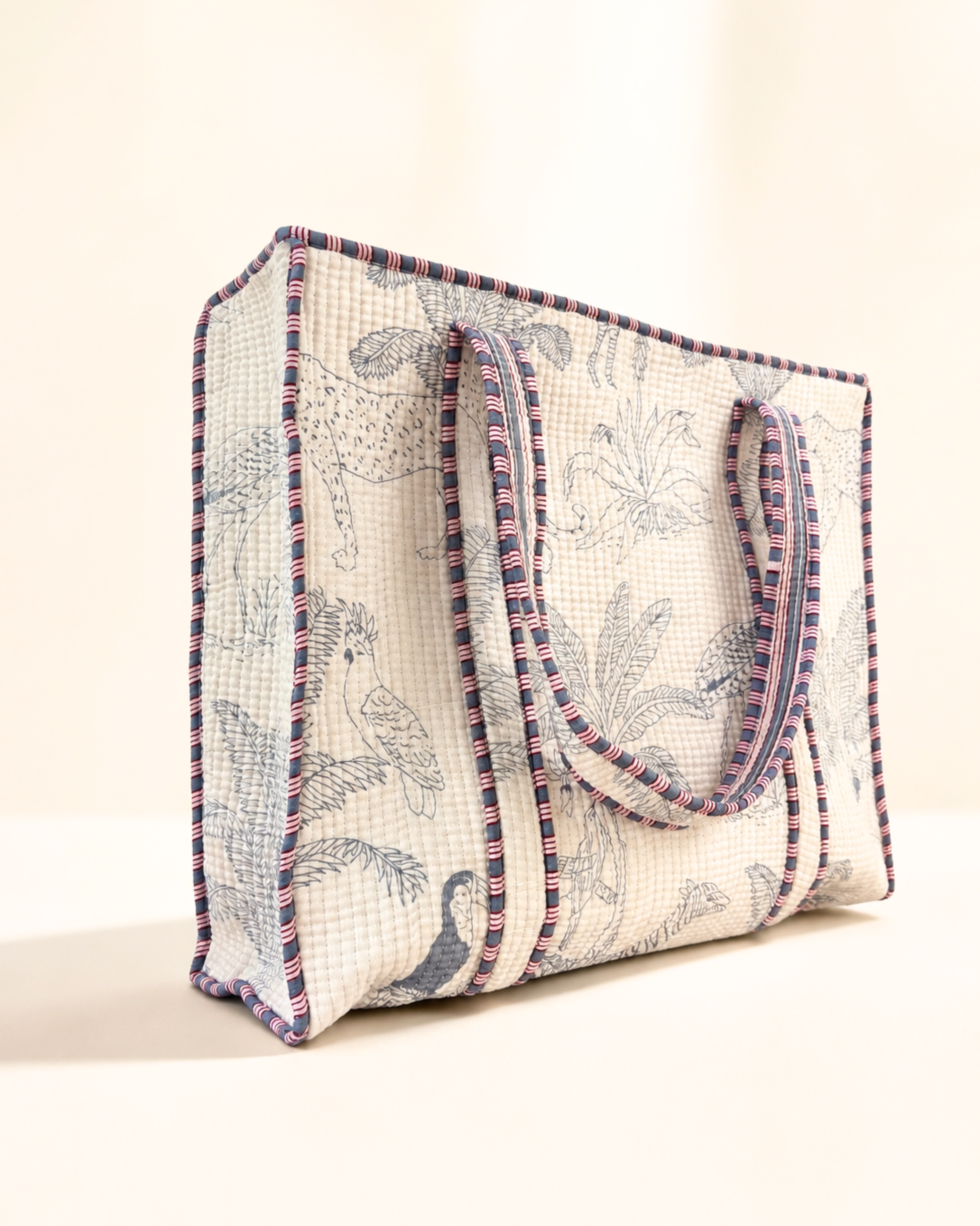 Ivory Safari Jungle Quilted Cotton Tote Bag with 3 Cosmetic Pouches Set | Raksha Bandhan Gift | Gulabi Craft