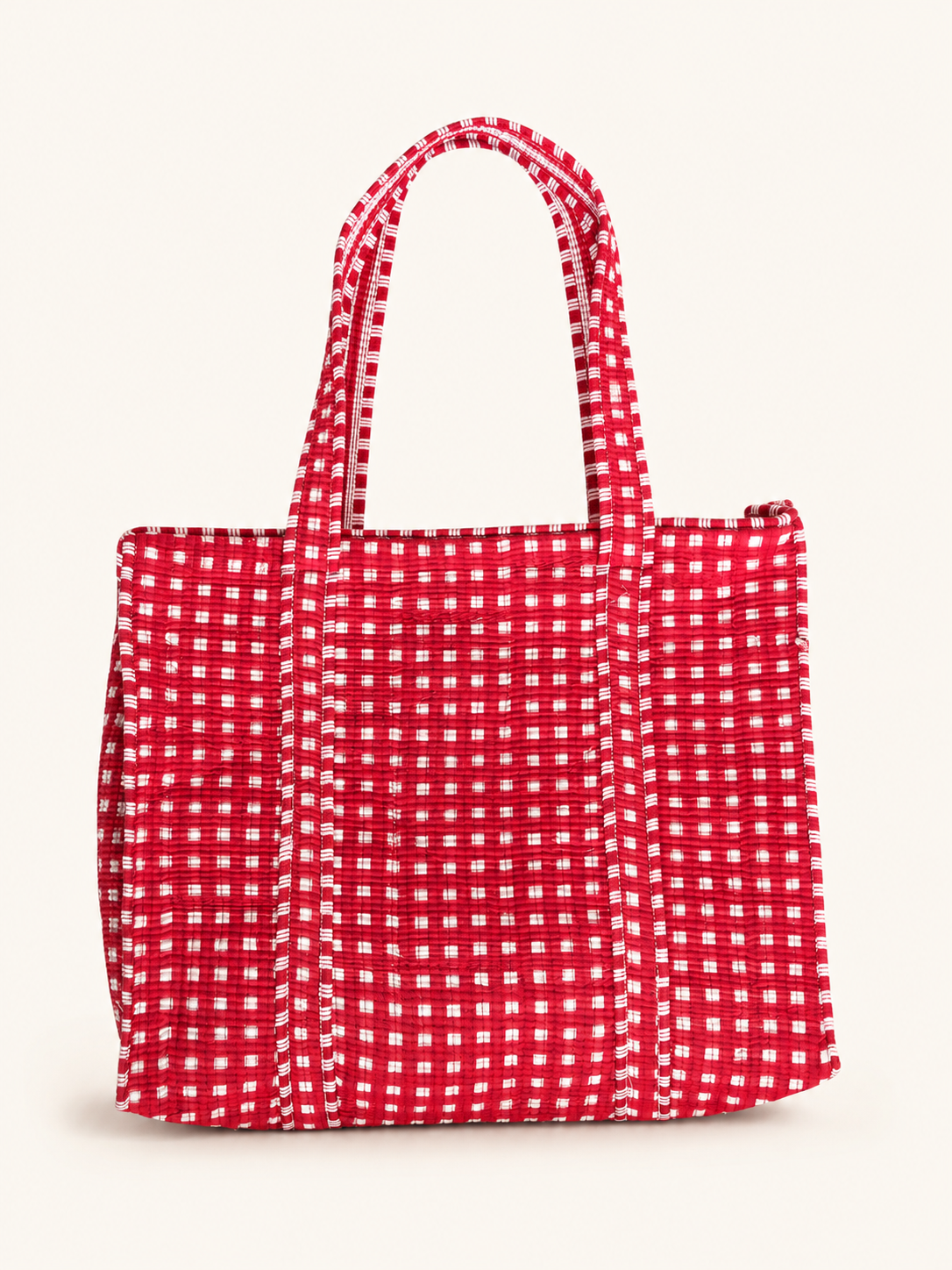 Crimson Red Gingham Handcrafted Quilted 60x60 Cotton Tote Bag & 3 Pouch Combo Set for Travel - Gulabi Craft 
