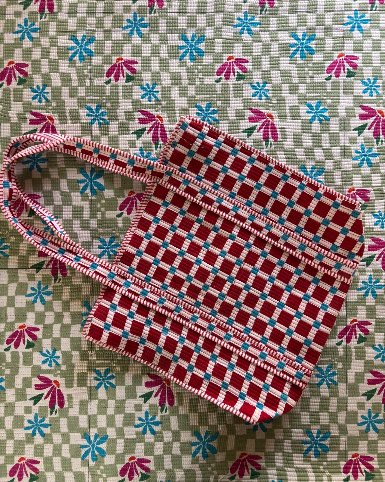 Checkered Quilted Handcrafted Tote Bag – Red & Blue Everyday Carry & Premium Gift Item | Gulabi Craft