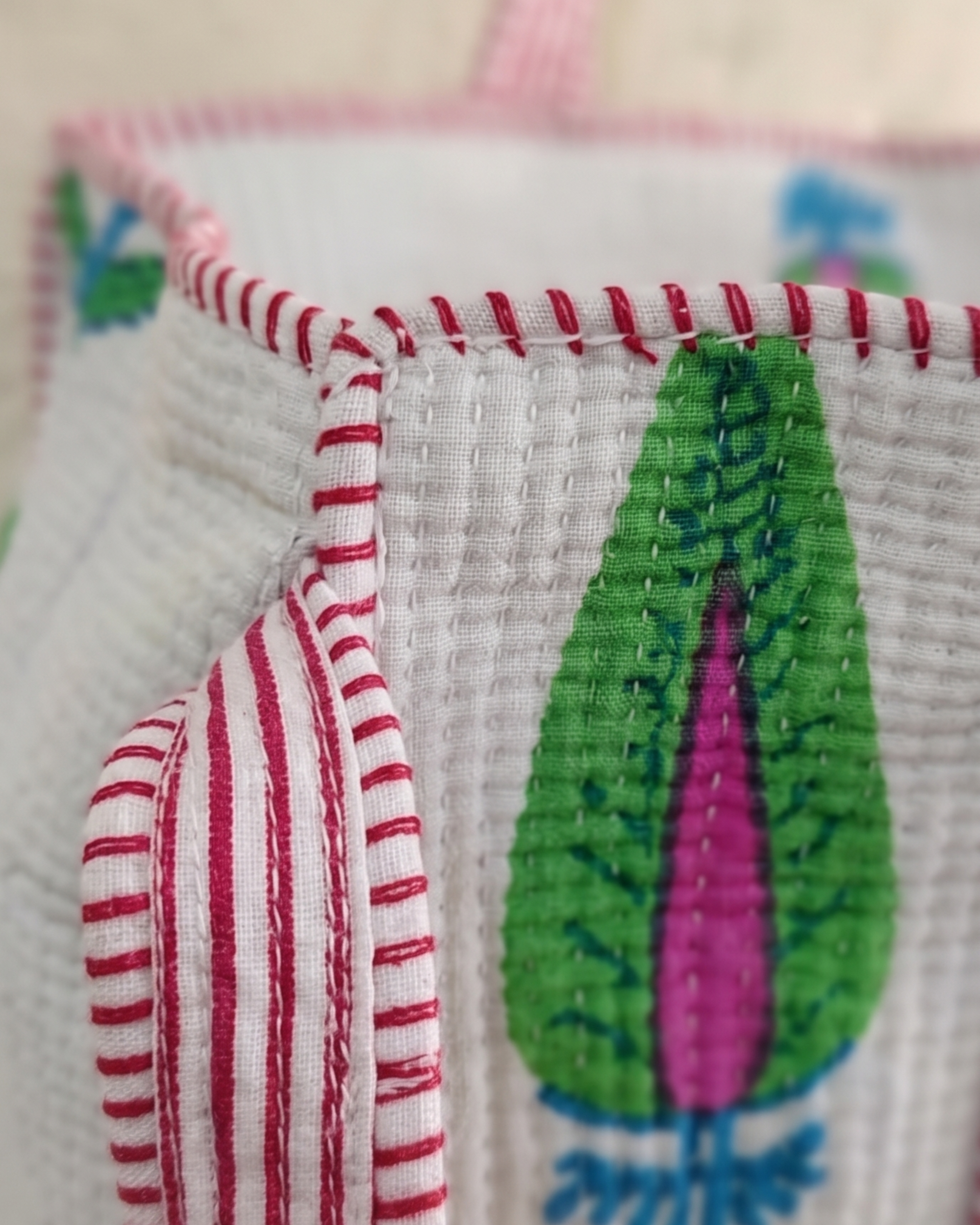Handcrafted Rosé Garden Kantha Tote Bag – Premium Zip Closure Everyday Carry & Gift Item | Gulabi Craft